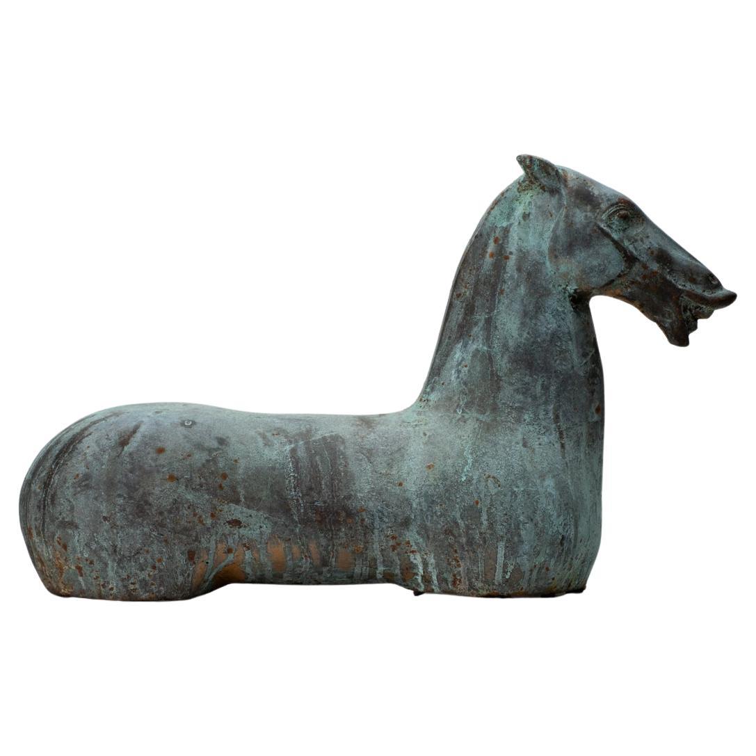Cast Iron Tang Horse Sculptures in Aged Verdigris over Brass, on Plinths