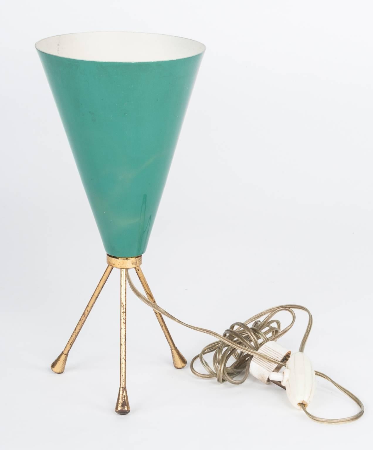 Italian midcentury table lamp uplighter by Stilnovo, Italy,  circa 1950
Enamelled Green Cone Shade Standing on a Brass Tripod Base
Retains original wiring, can be rewired if required