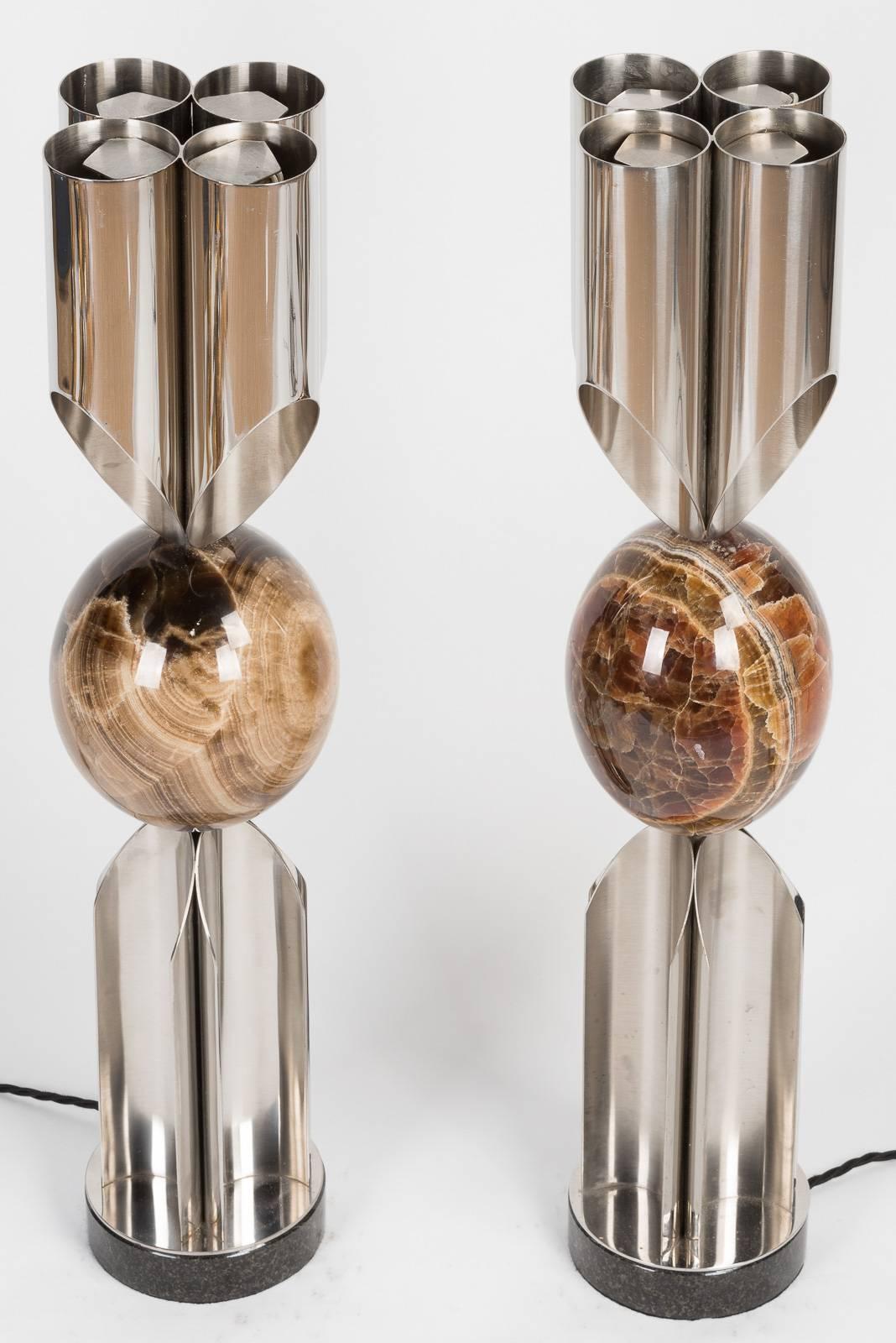 Stylish matched pair of rare stainless steel and fluorspar Orgues table lamps, circa 1968-1970, designed by Jacques Charles. One lamp is stamped 'Charles, made in France'
Rewired and earthed, ready for use.
Provenance: Estate of Chrystiane