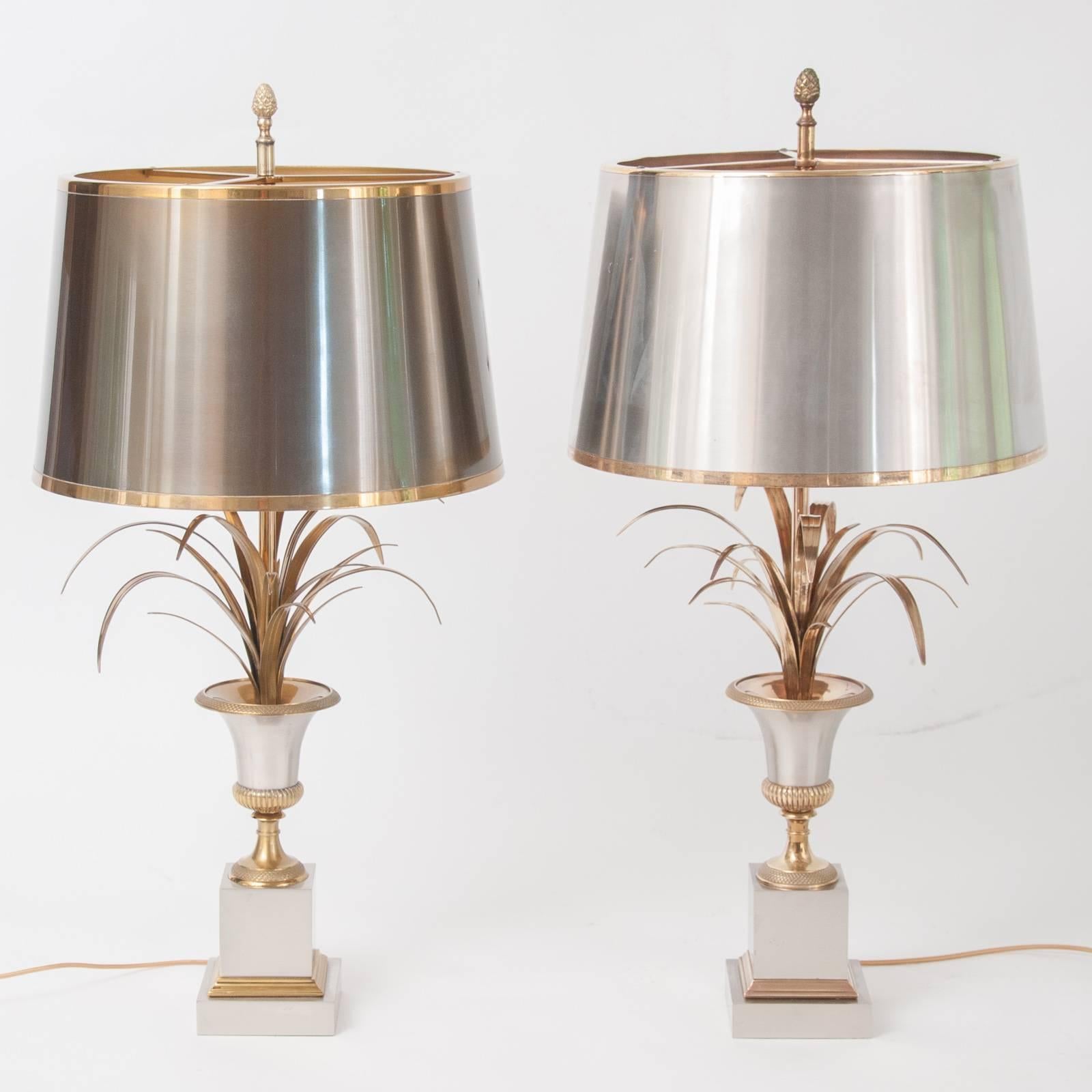 Bronze Matched Pair of Hollywood Regency Vase Roseaux Table Lamps by Maison Charles