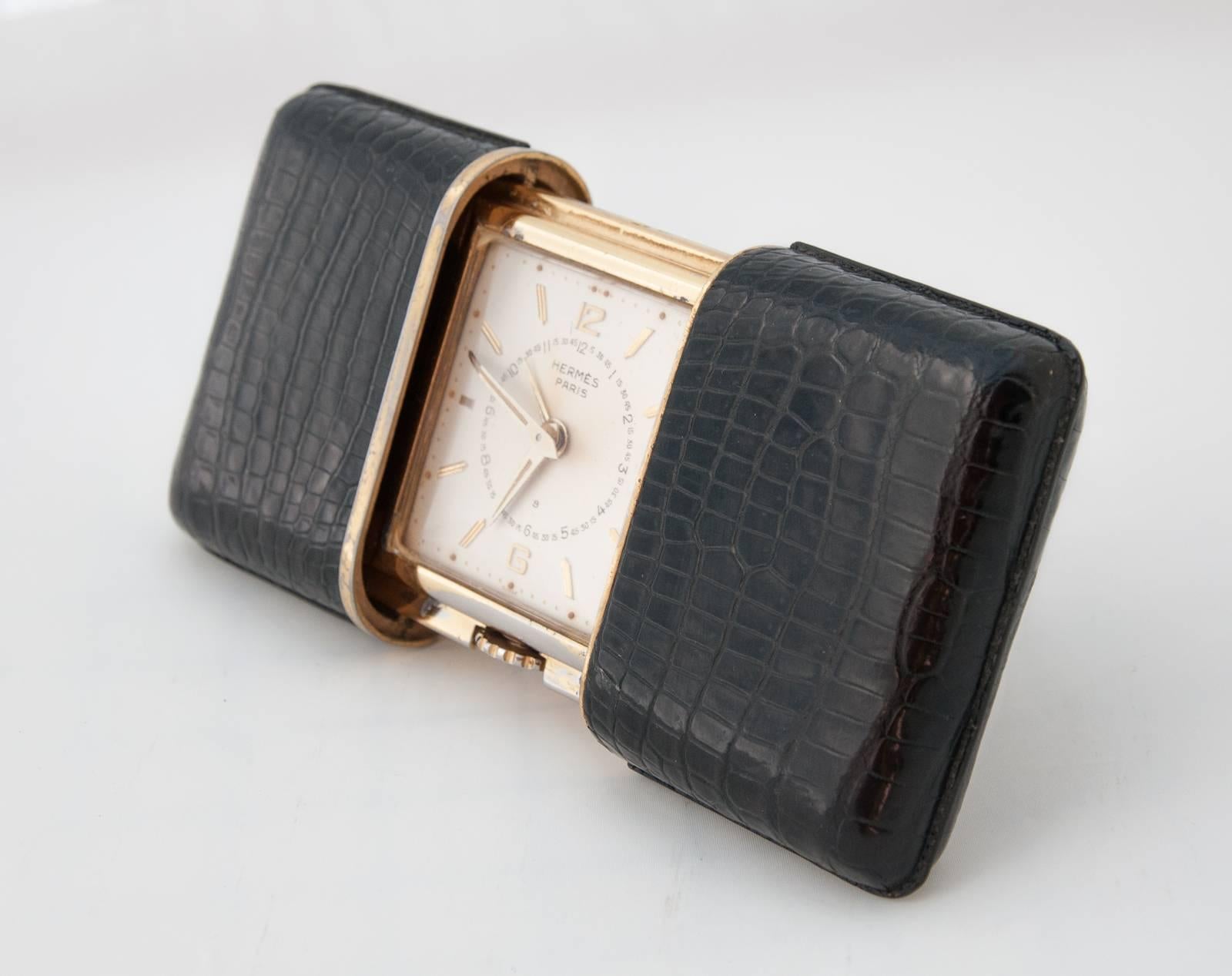 Mid-20th Century 1930s Hermès 'Ermeto' Eight-Day Alarm Travel Desk Clock Produced by Movado