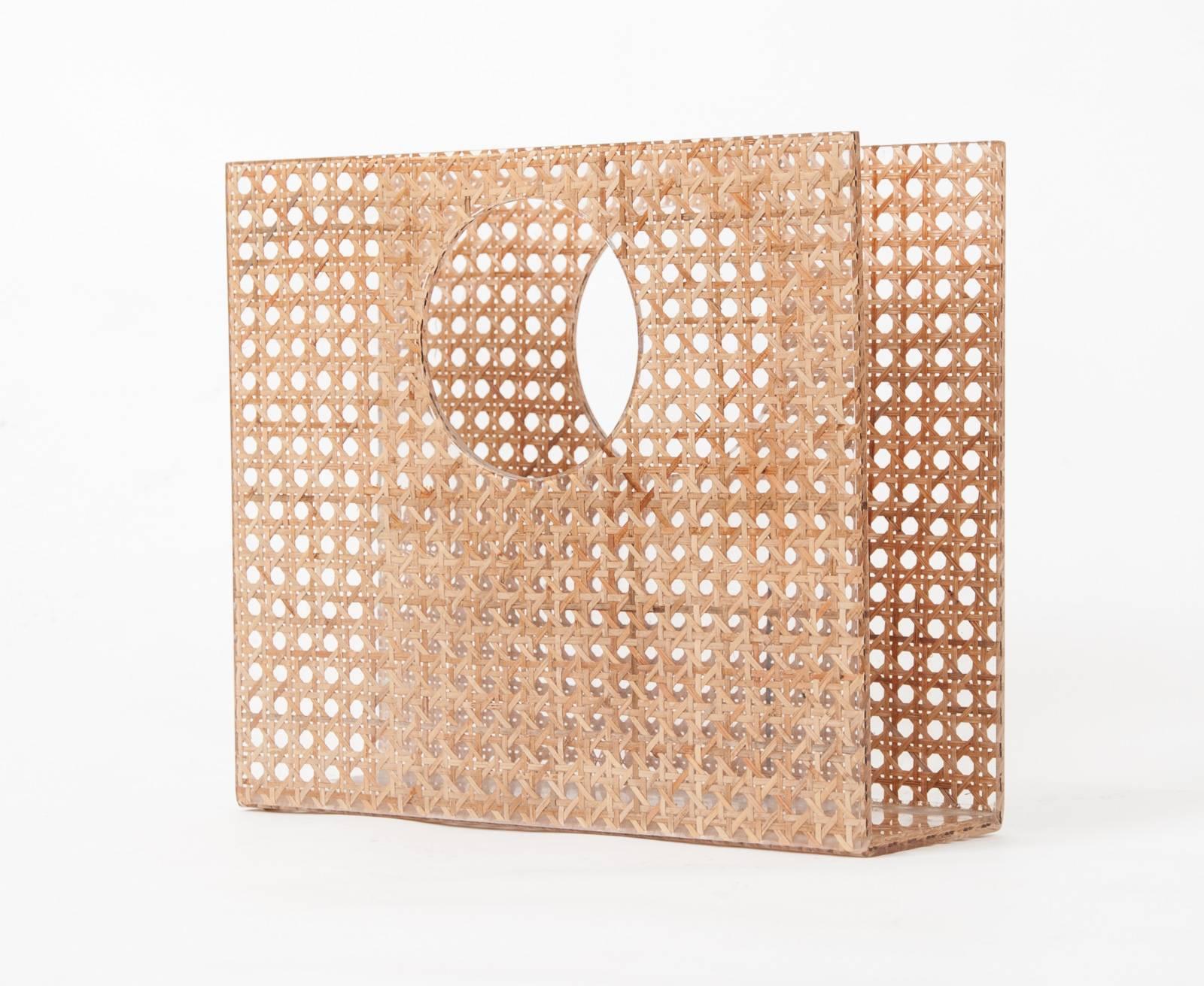 Rattan Christian Dior Home Attributed Lucite and Cane Magazine Holder