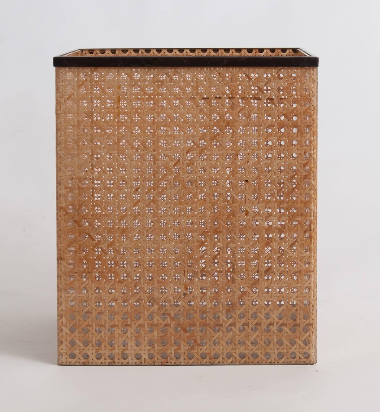 Late 20th Century 1970s Christian Dior Home Attributed Lucite and Cane Wastepaper Basket