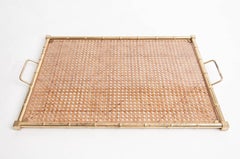 Large Mid-Century Christian Dior Style Brass, Lucite and Rattan Serving Tray