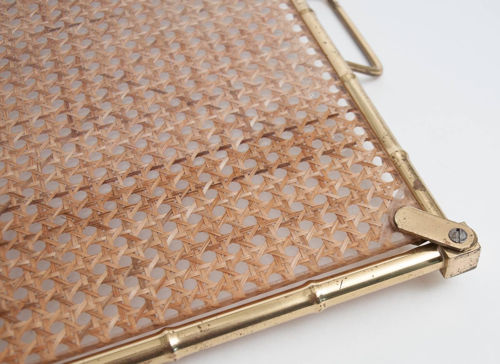 Italian Large Mid-Century Christian Dior Style Brass, Lucite and Rattan Serving Tray