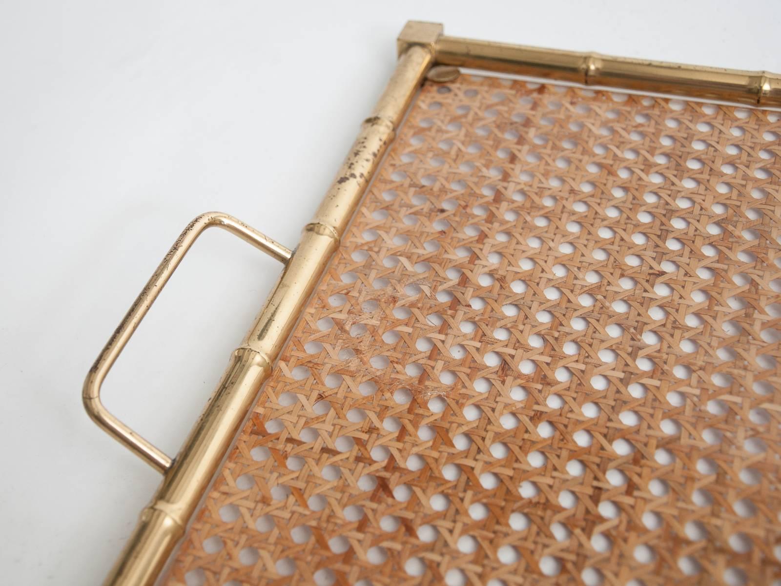 Late 20th Century Large Mid-Century Christian Dior Style Brass, Lucite and Rattan Serving Tray