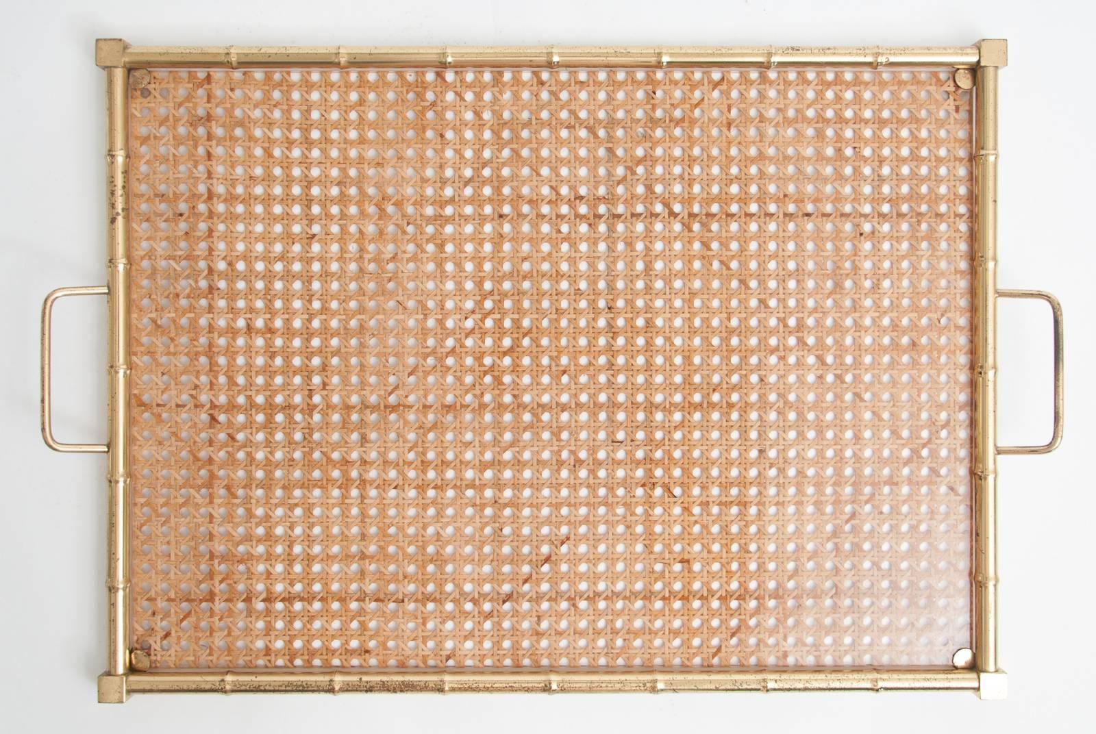 Large Mid-Century Christian Dior Style Brass, Lucite and Rattan Serving Tray 1