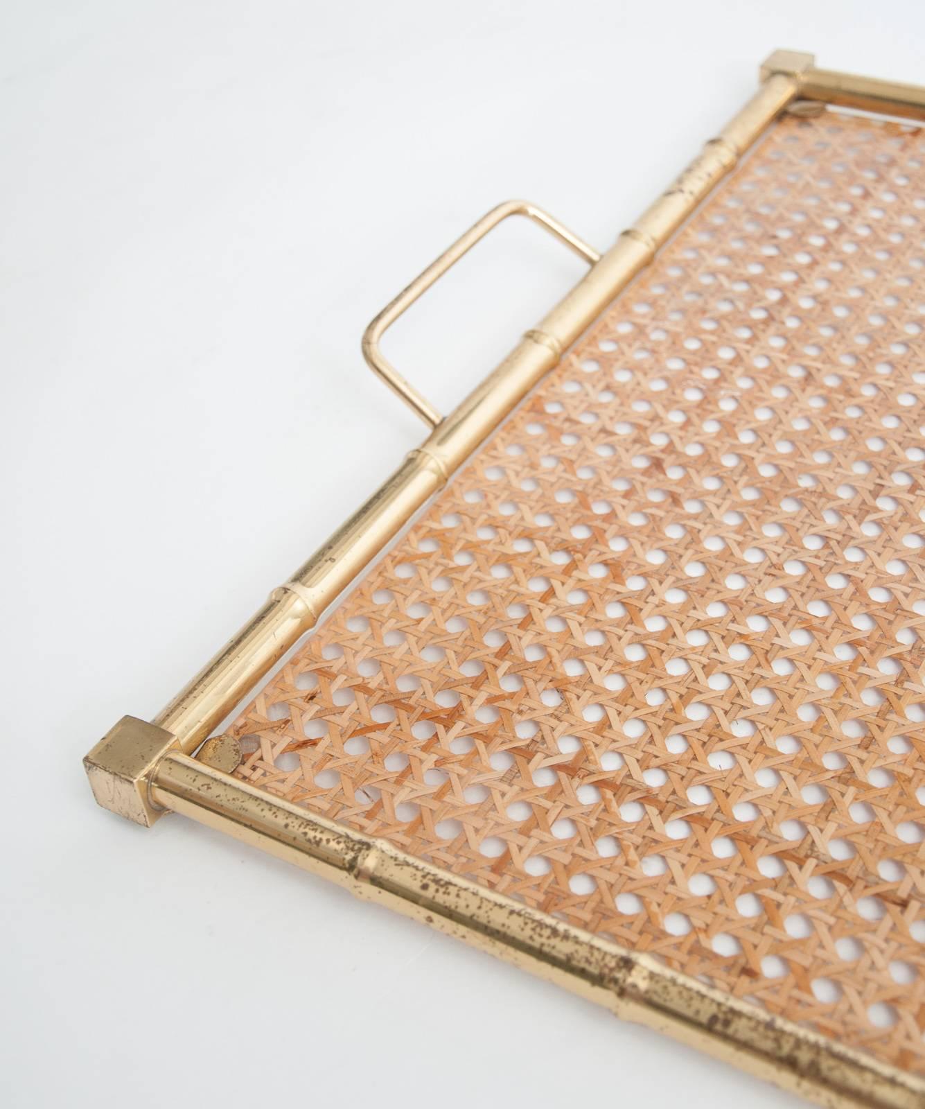 Large Mid-Century Christian Dior Style Brass, Lucite and Rattan Serving Tray 2