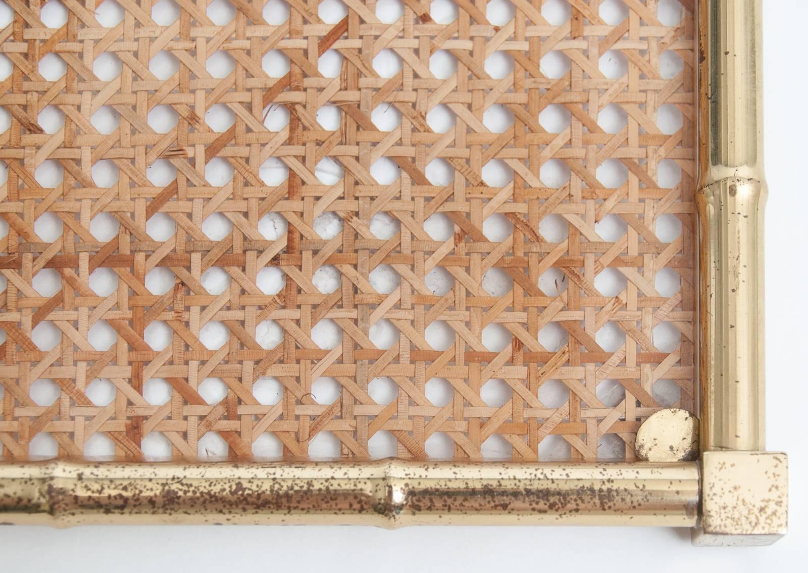 Large Mid-Century Christian Dior Style Brass, Lucite and Rattan Serving Tray 3