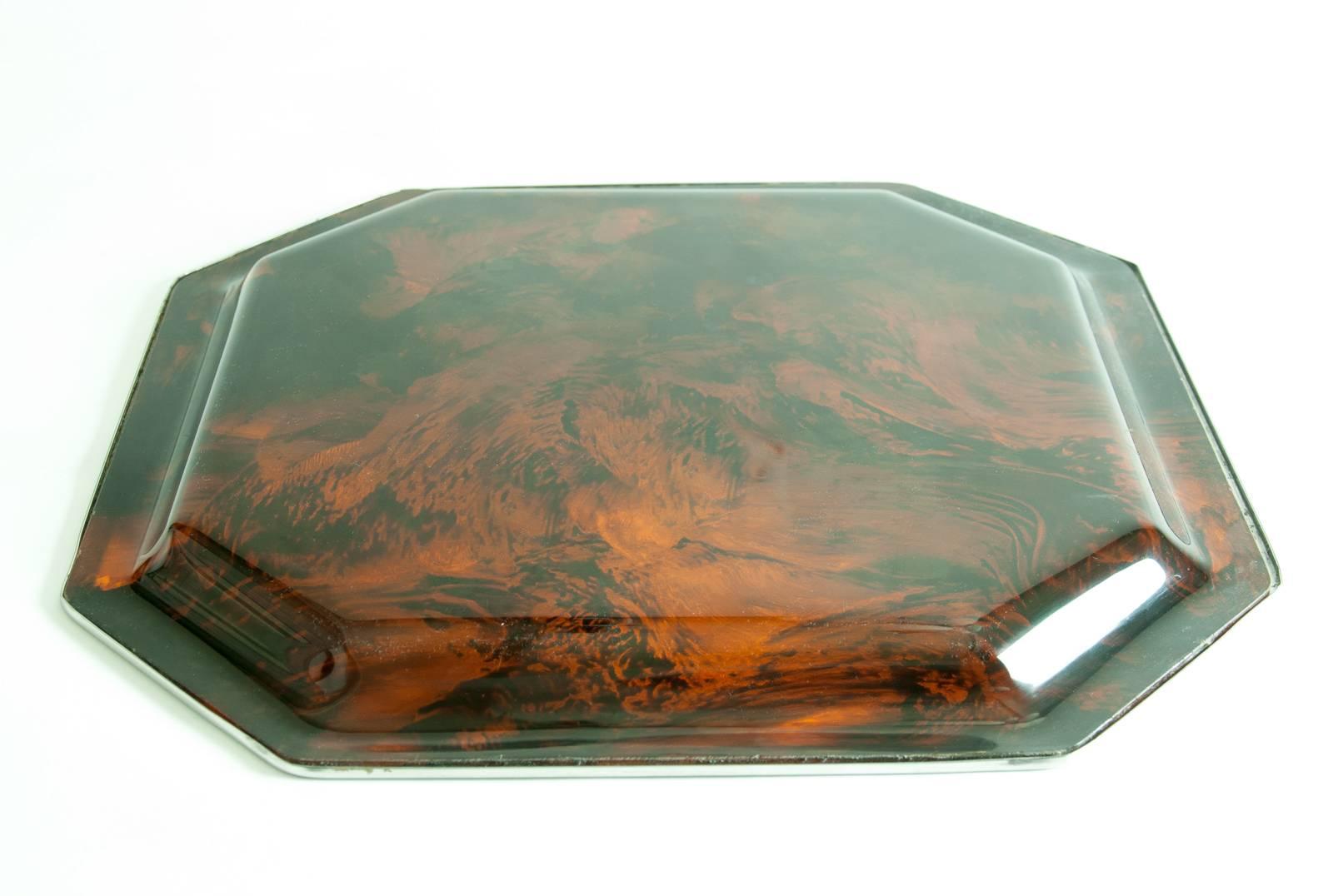 Mid-Century Modern Large Faux Tortoiseshell Tray with Chrome Edging Attributed to Christian Dior