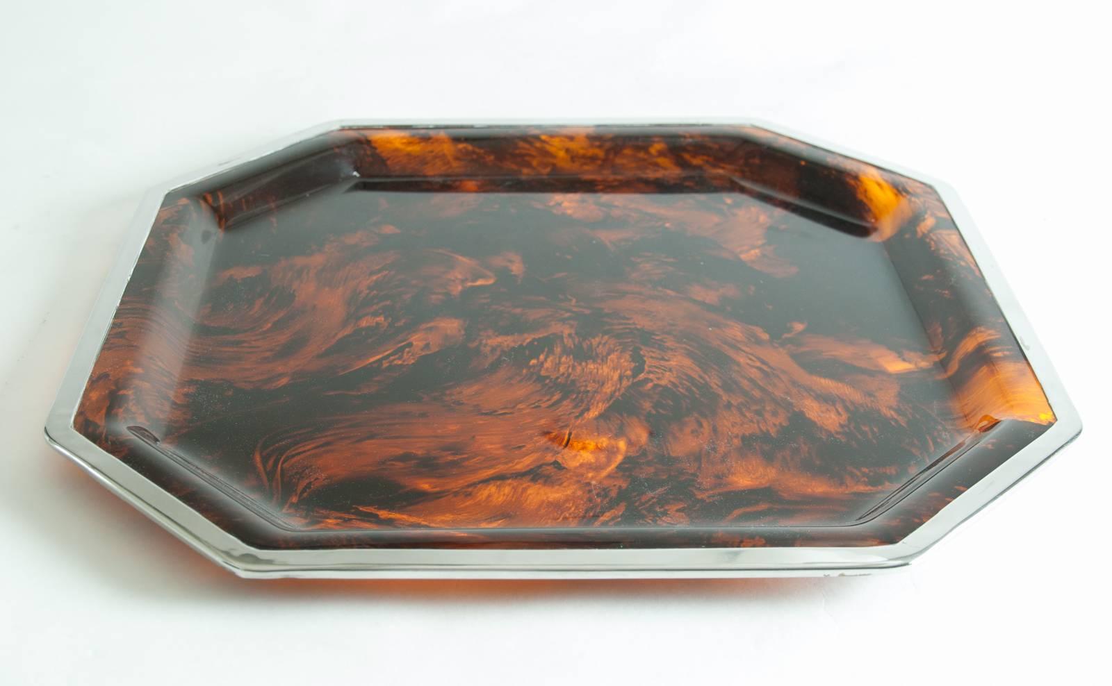 Good large octagonal chic faux tortoiseshell Lucite tray with chrome edging attributed to Christian Dior Home 1970s