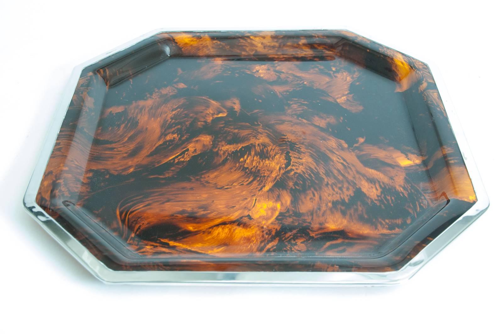 Large Faux Tortoiseshell Tray with Chrome Edging Attributed to Christian Dior 1