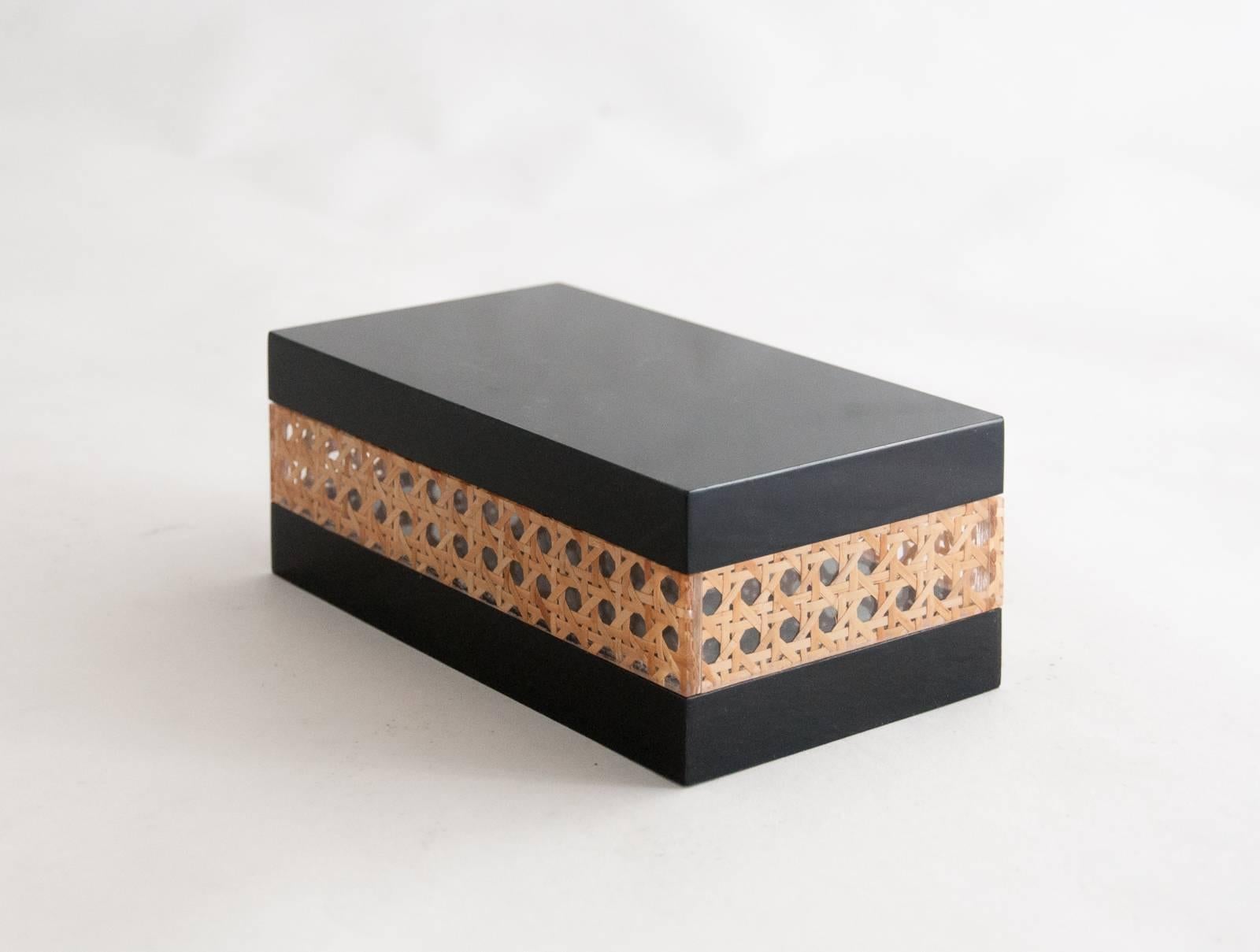 Midcentury Black Lucite and Cane Box Attributed to Christian Dior Home, 1970s 1