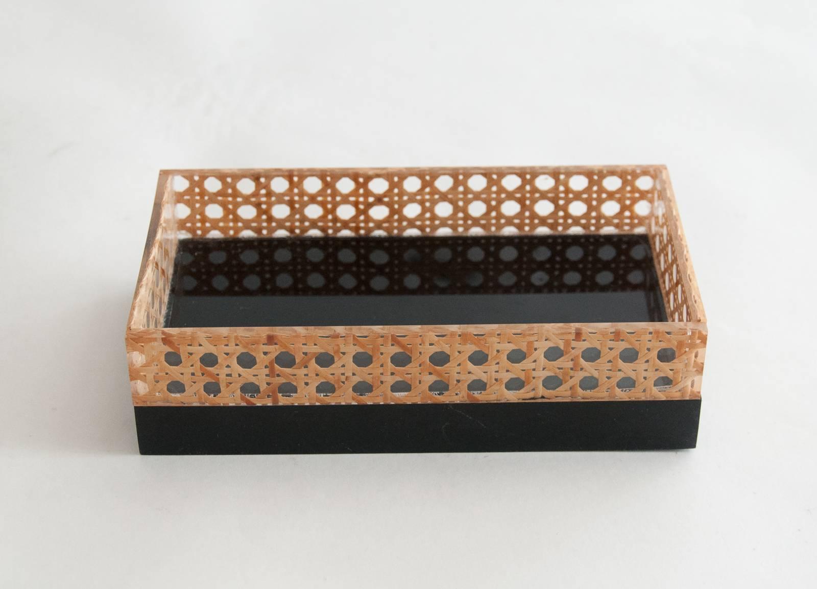 Mid-Century Modern Midcentury Black Lucite and Cane Box Attributed to Christian Dior Home, 1970s