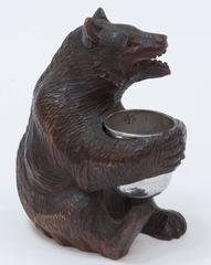 Black Forest Carved Wooden Bear Holding a Silver Plated Cup