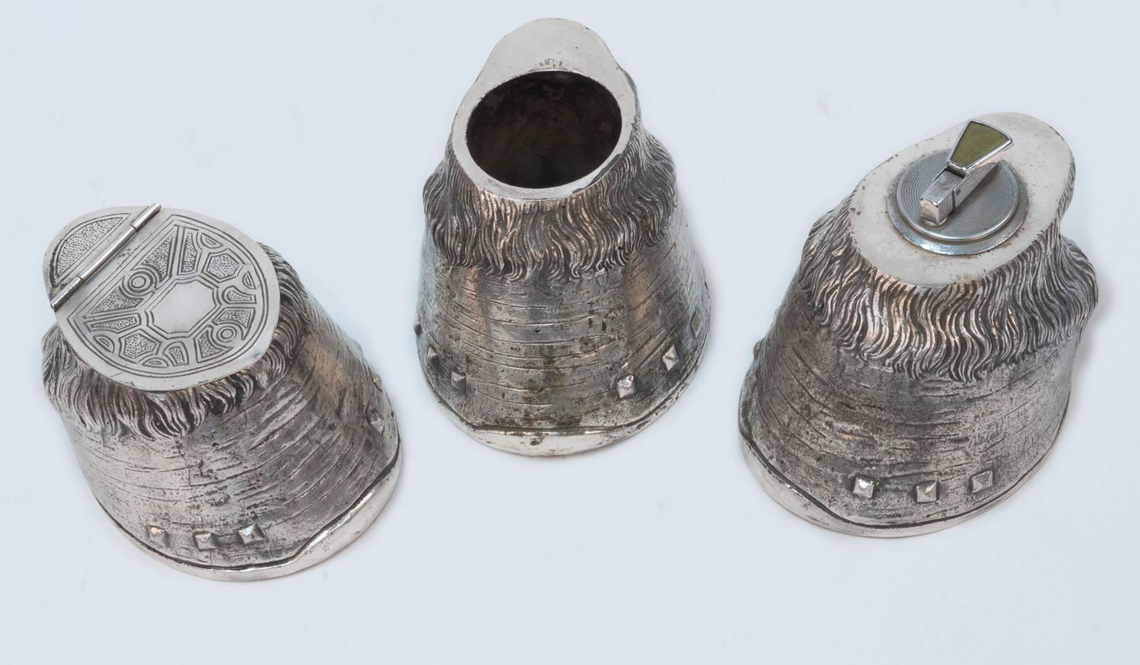 Spanish Three-Piece Silvered Bronze Smoking Compendium in the Form of Horses Hooves