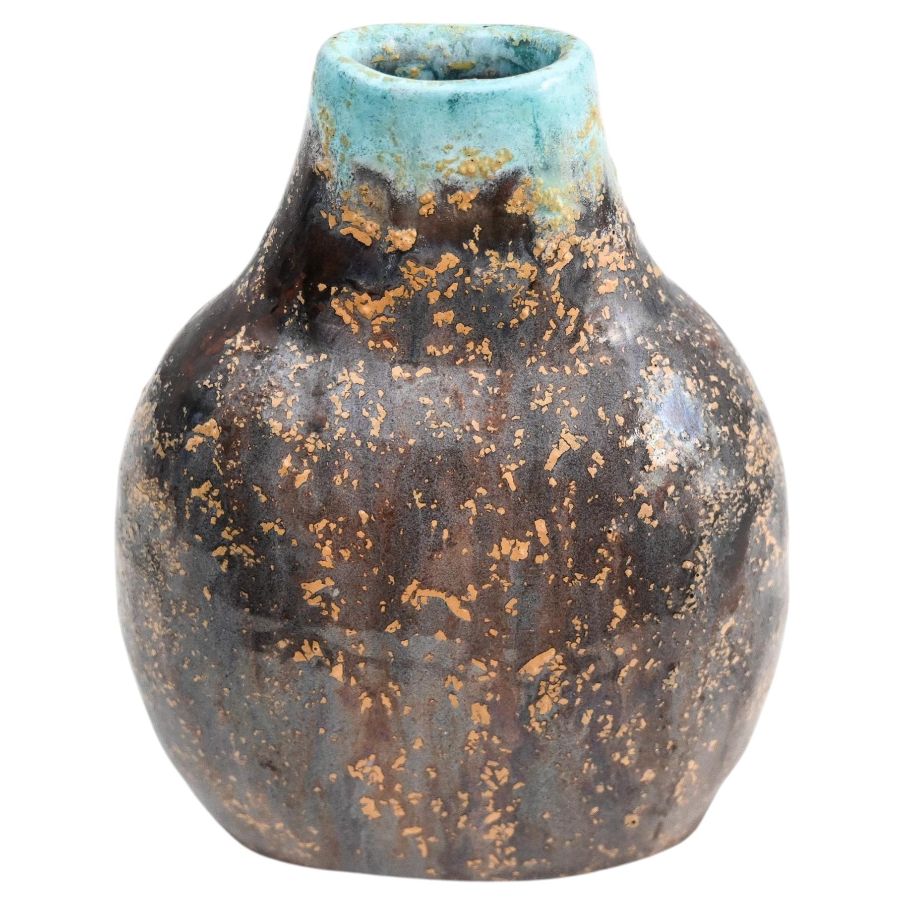 Faceted bronze and turquoise glazed ceramic vase by Marcello Fantoni (1915–2011) For Sale