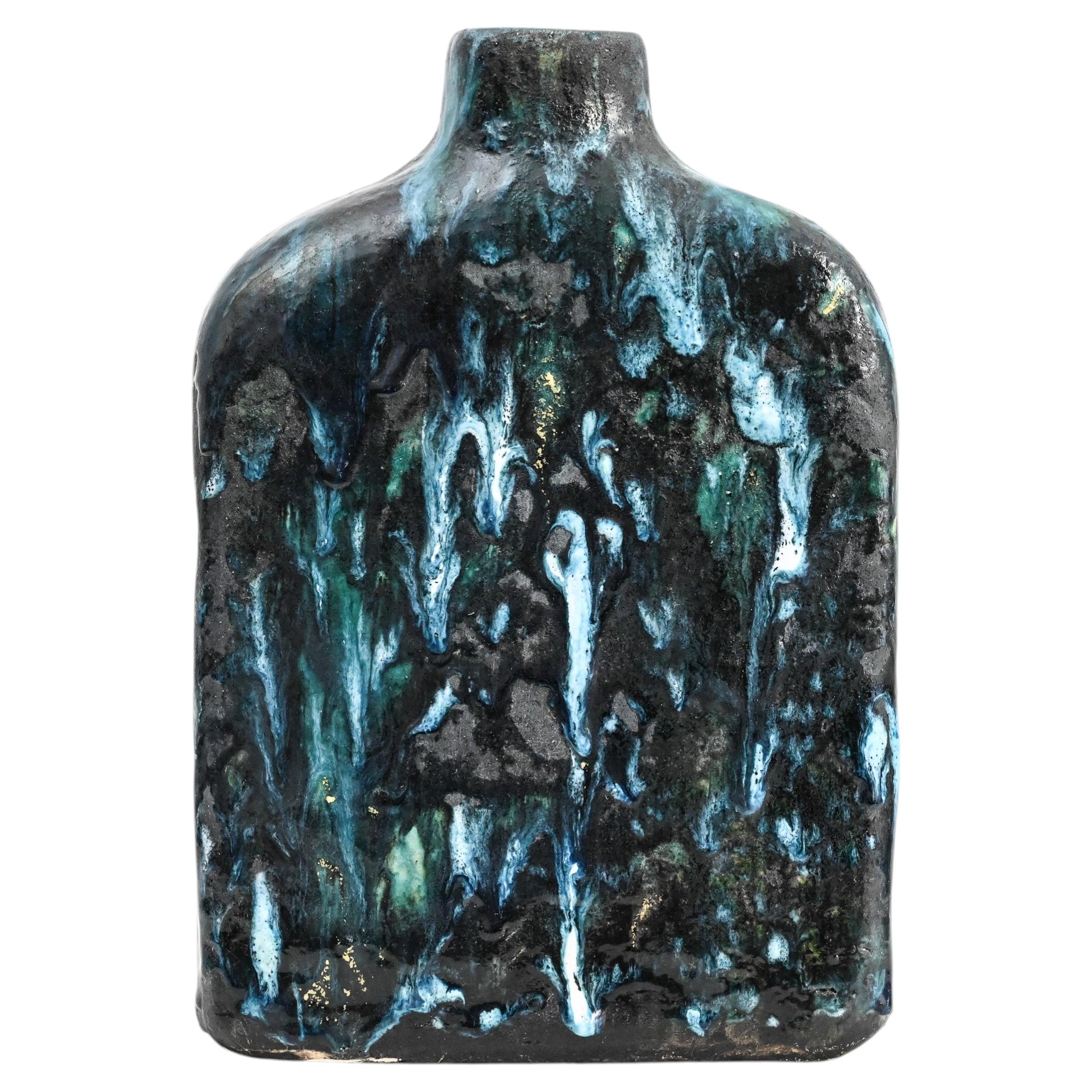 Keramikvase in Flaschenform mit blaugrüner Glasur von Marcello Fantoni (1915–2011), signiert
