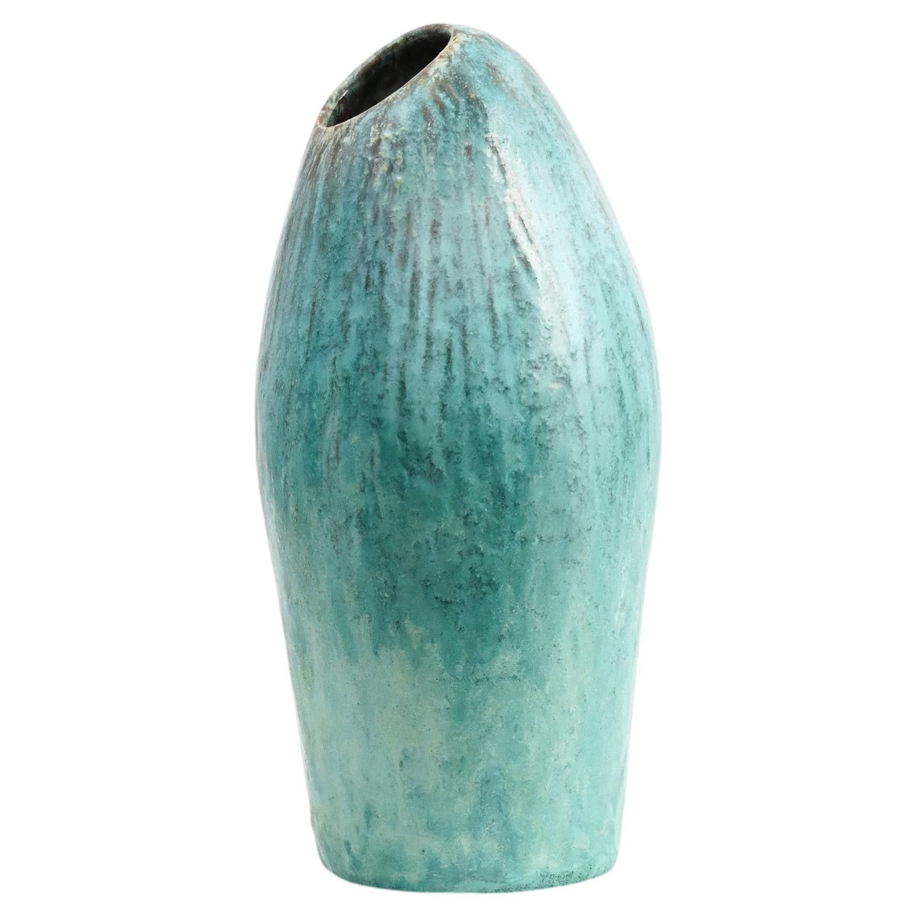Turquoise glazed asymmetric ceramic vase by Marcello Fantoni (1915–2011) For Sale