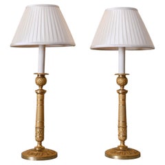 Pair of French Restauration Gilt-Bronze Candlestick Lamps, circa 1825