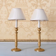 Pair of French Restauration Gilt-Bronze Candlestick Lamps, circa 1825