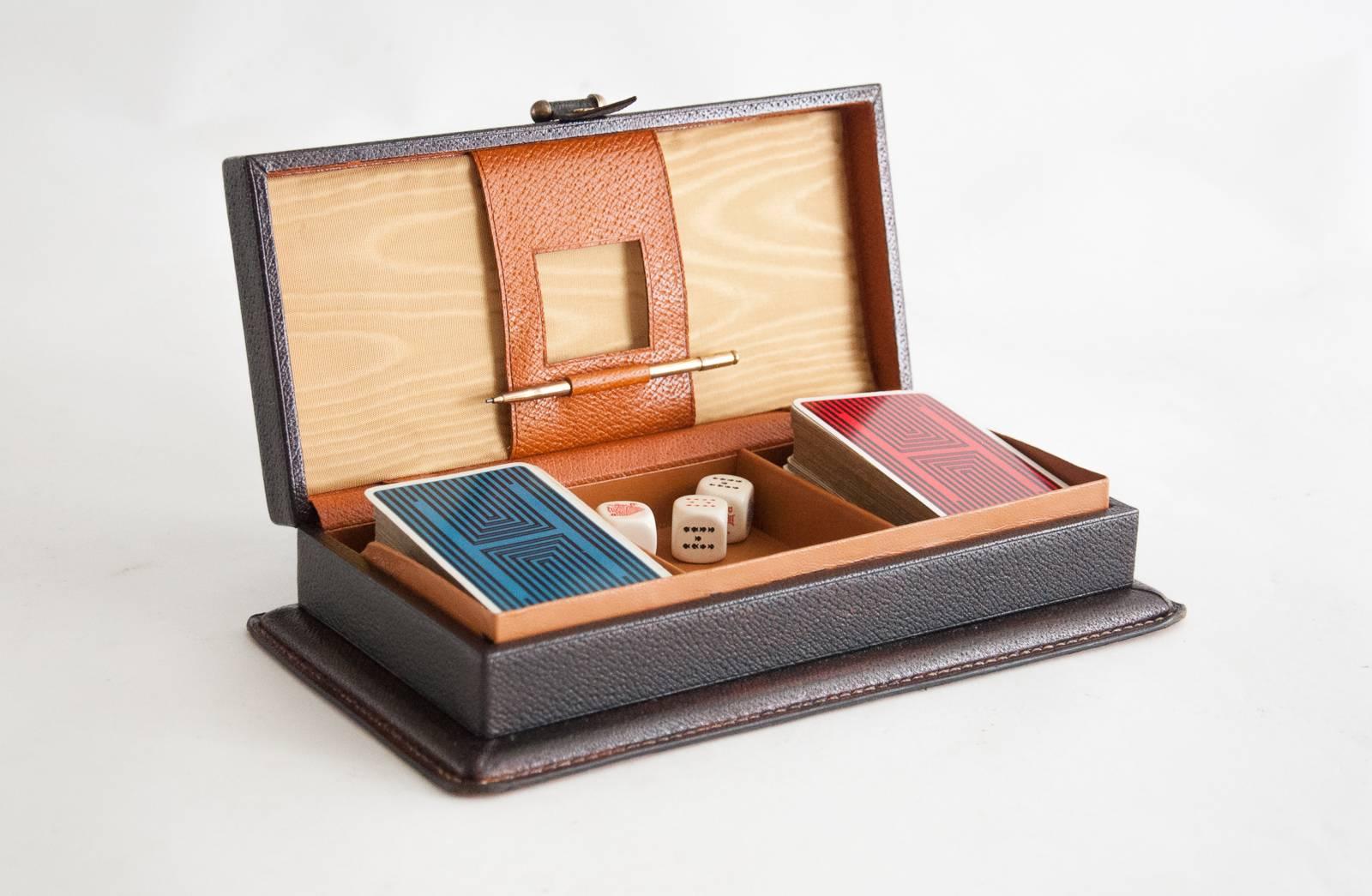 French Jacques Adnet Style Saddle Stitched Leather Cards and Games Box, circa 1960