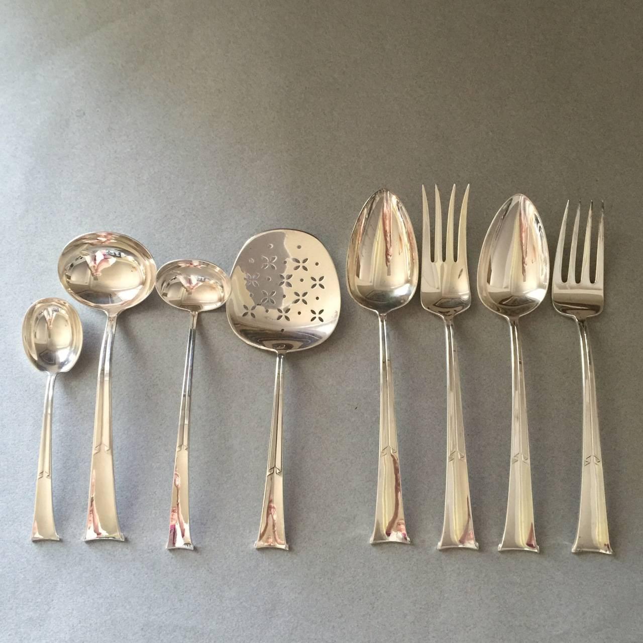 Tiffany & Co. sterling silver linenfold pattern service for 12.

Highly sought after sterling silver flatware in the Mid-Century Modern 