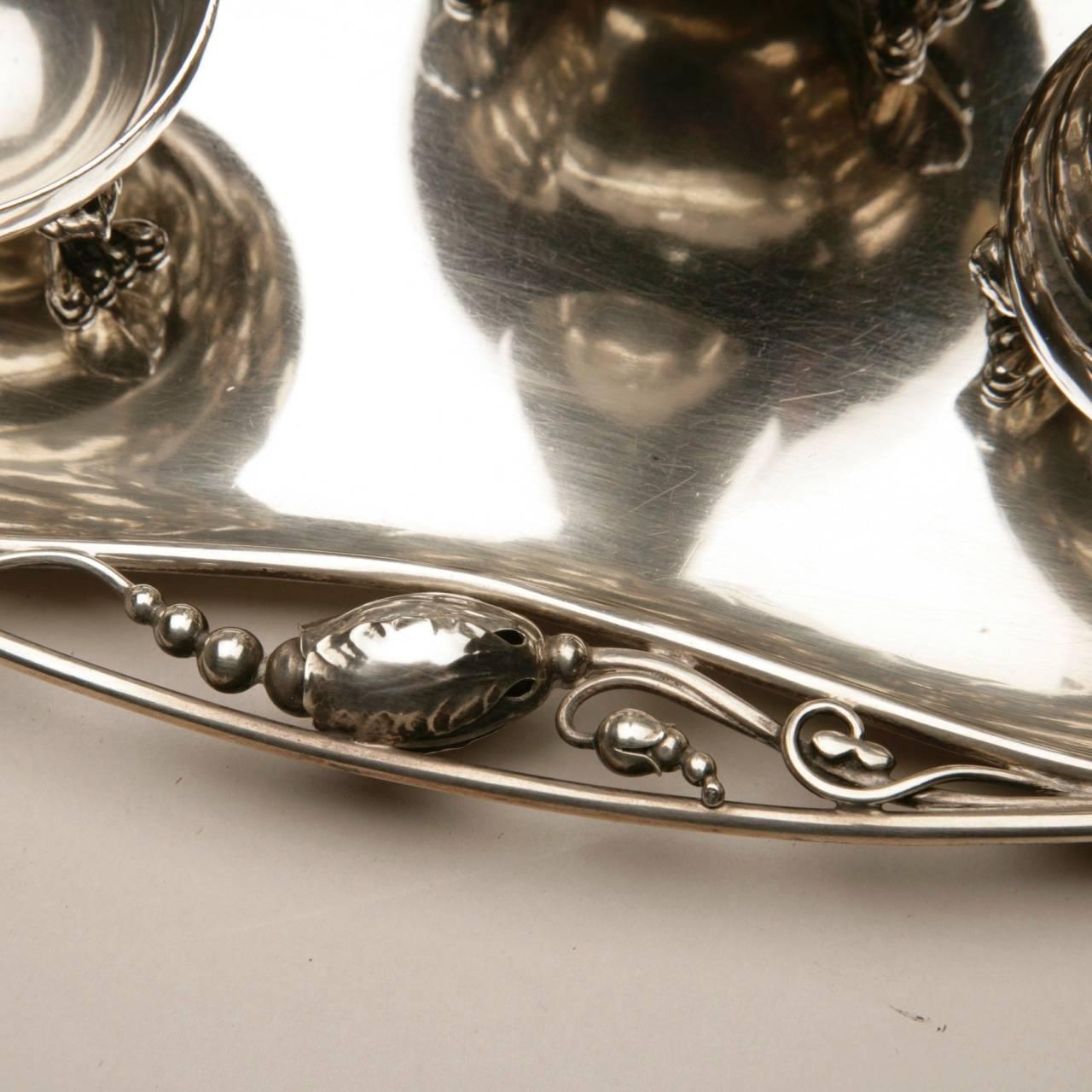 Danish Georg Jensen Sterling Silver Mini Bachelor Blossom Coffee Set on Tray No 2P, 2H For Sale