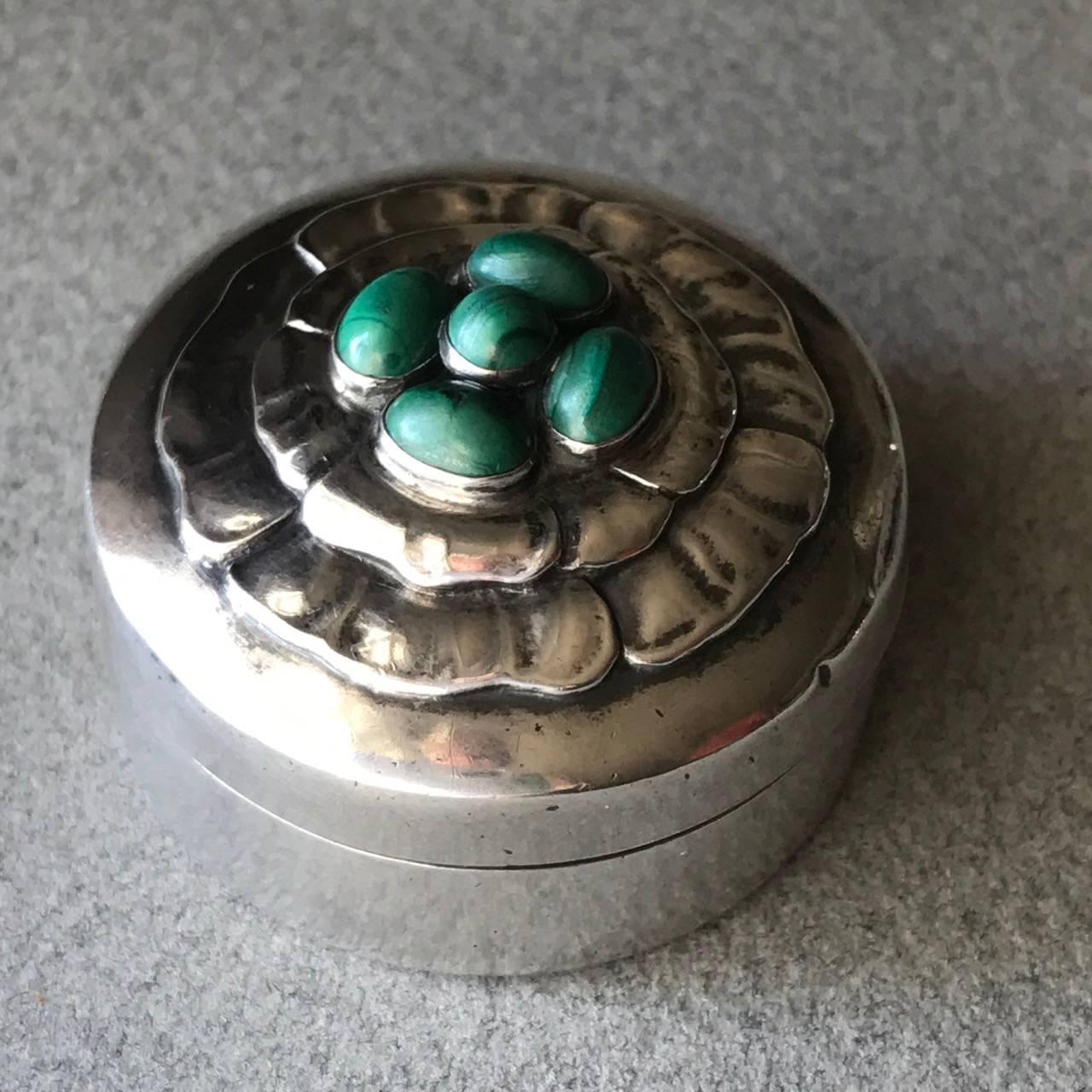 Danish Georg Jensen Sterling Silver Compact No 143A with Malachite For Sale