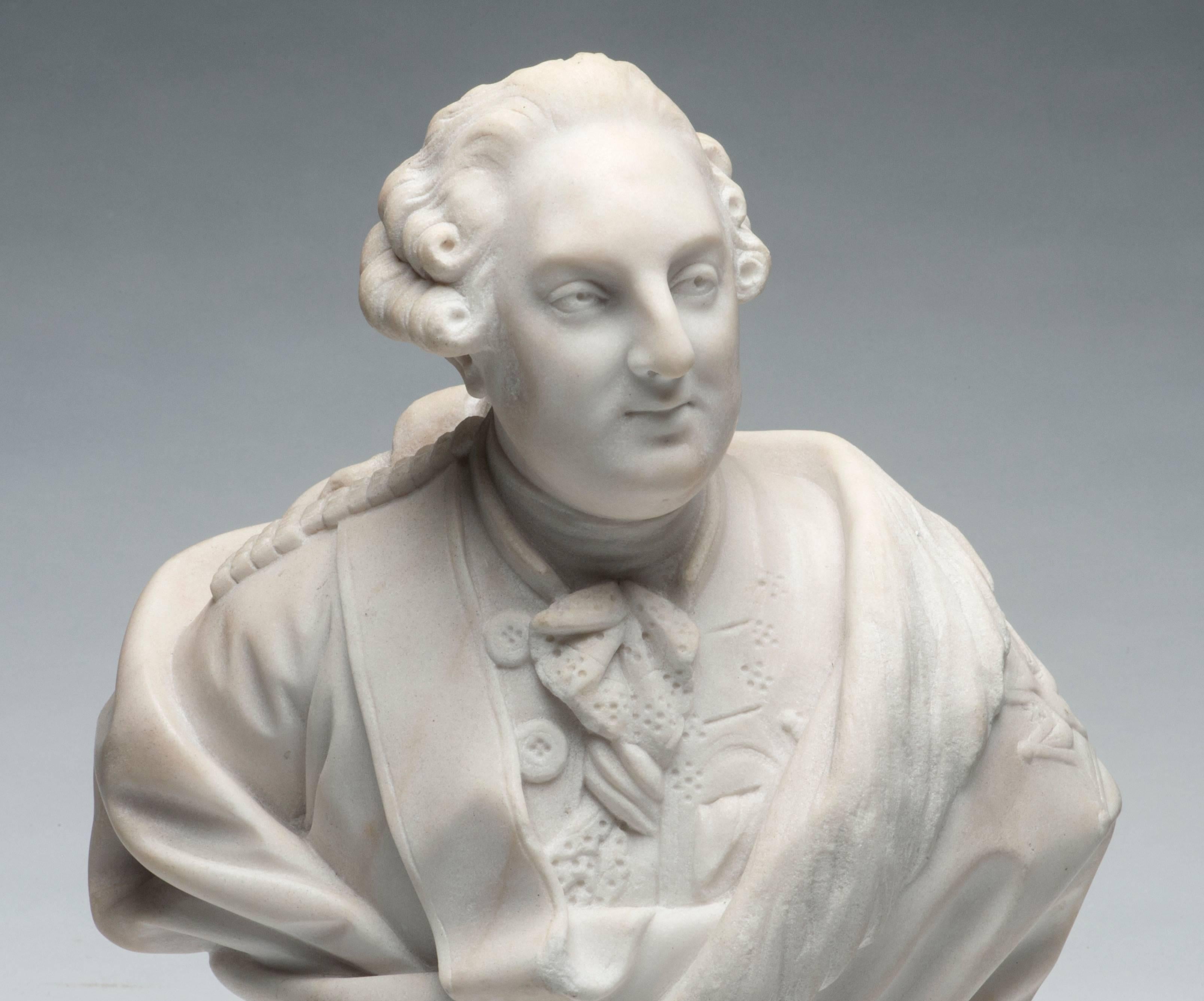 19th century, marble bust of Louis XVI of France, circa 1870 after the original sculpture by Jean-Antoine Houdon (French 1741-1828) which is now in the collection at Versailles. Measures: 14