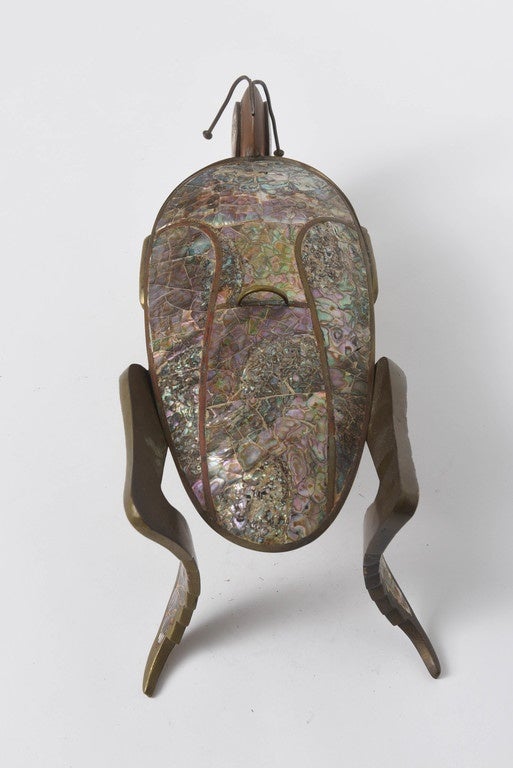 Mexican Abalone and Brass Lidded Grasshopper Dish, circa 1950s In Excellent Condition In Miami Beach, FL