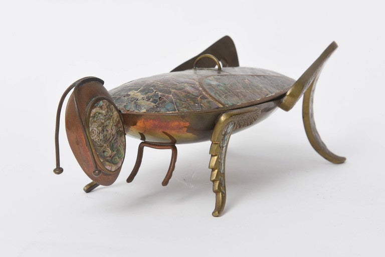20th Century Mexican Abalone and Brass Lidded Grasshopper Dish, circa 1950s