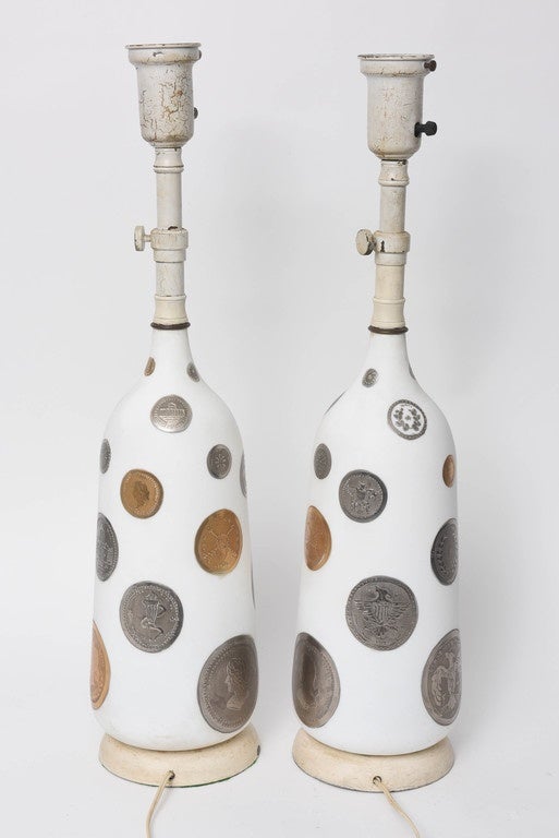 Mid-20th Century Pair of 1960s Hand-Painted Coin Lamps For Sale