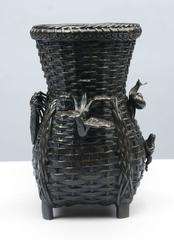 Pair of Japanese Bronze Basket Weave Vases, 19th Century