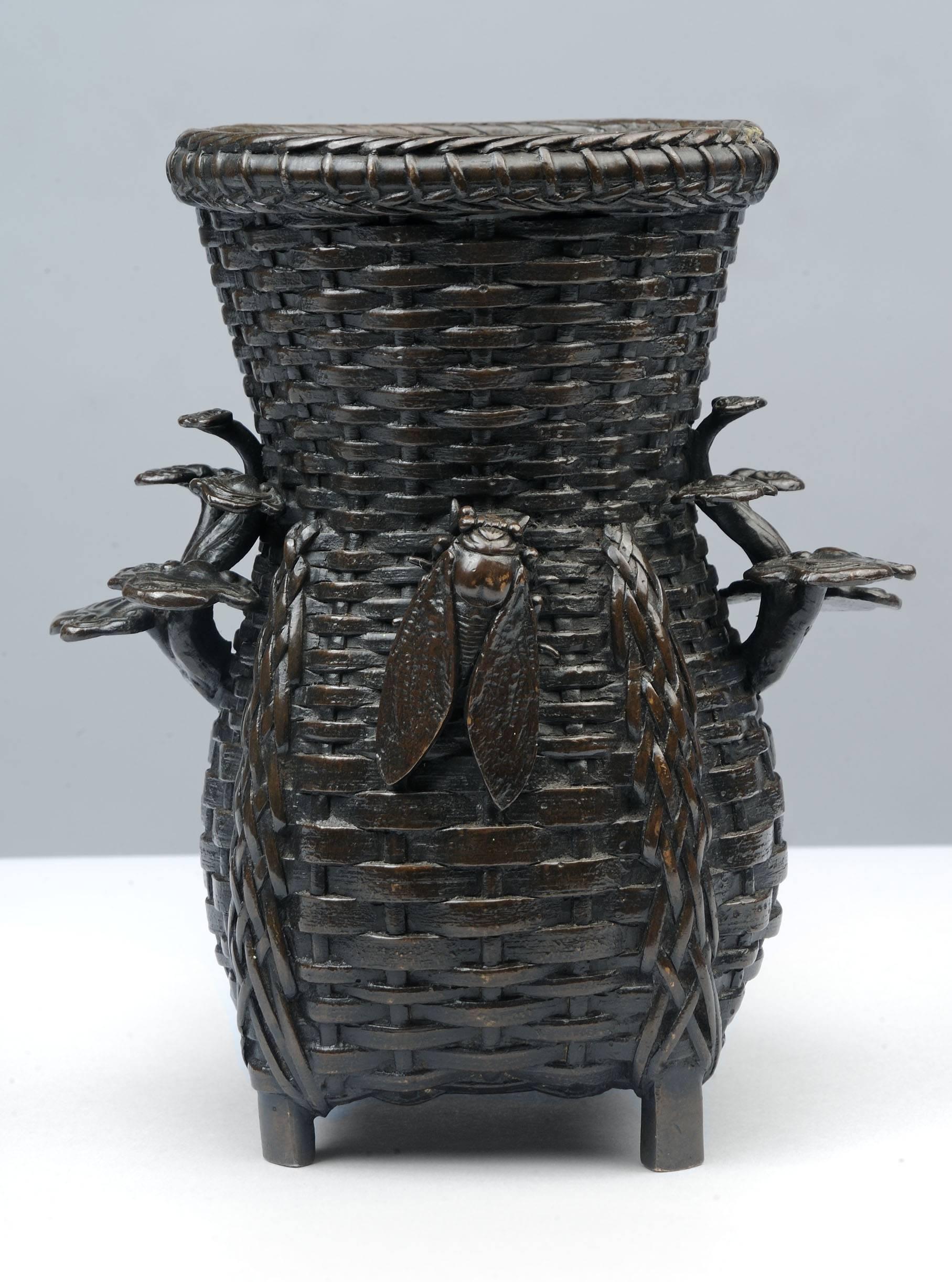 Japonisme Pair of Japanese Bronze Basket Weave Vases, 19th Century