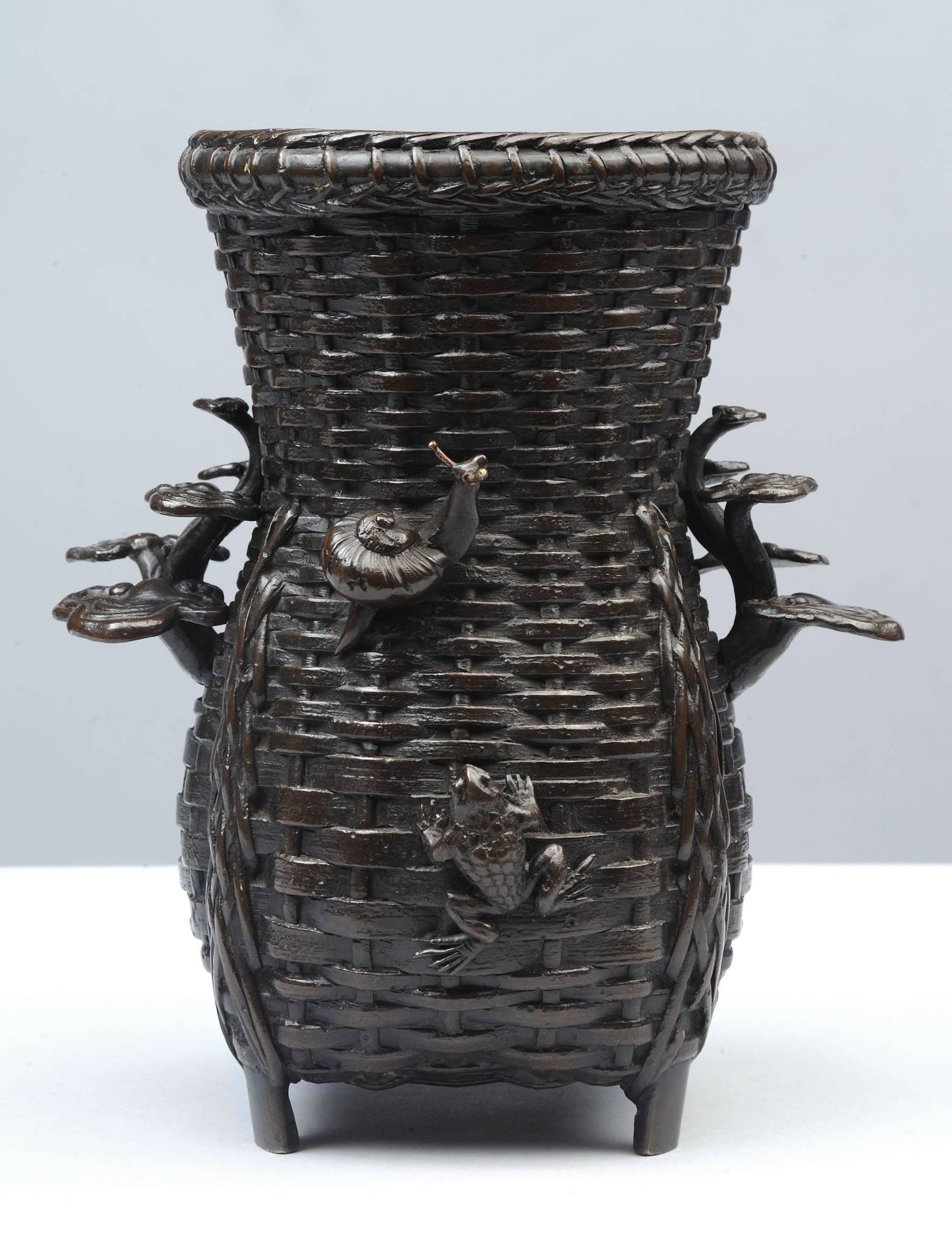 Metalwork Pair of Japanese Bronze Basket Weave Vases, 19th Century