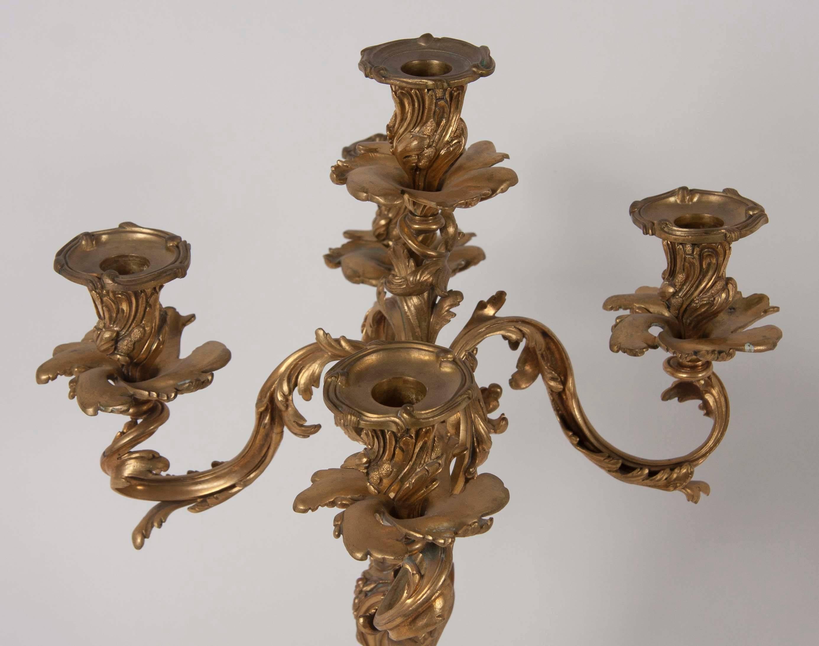Rococo Pair of French Bronze Candelabra, Late 19th Century