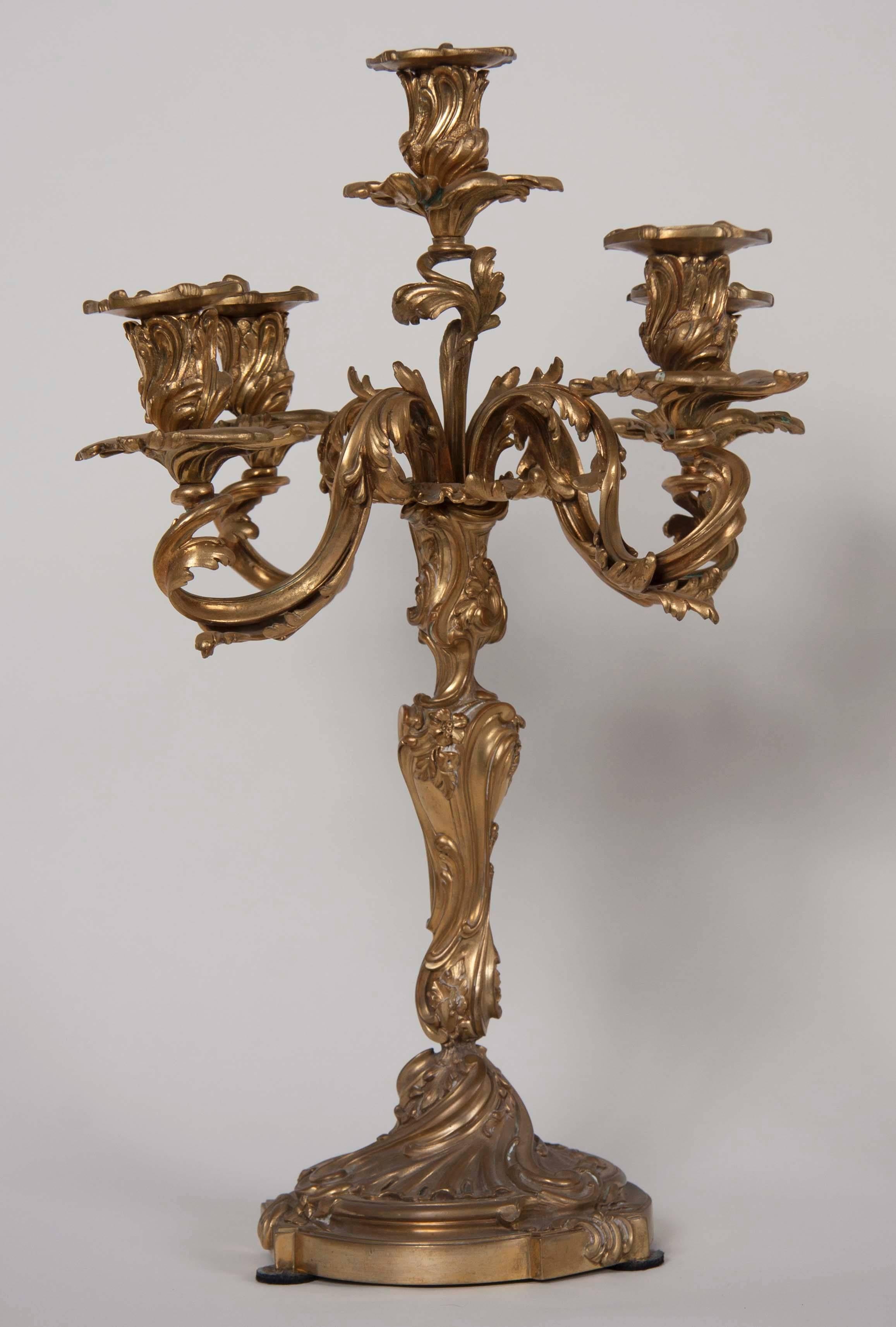 Pair of late 19th century French bronze five frames candelabra in the Louis XV style.