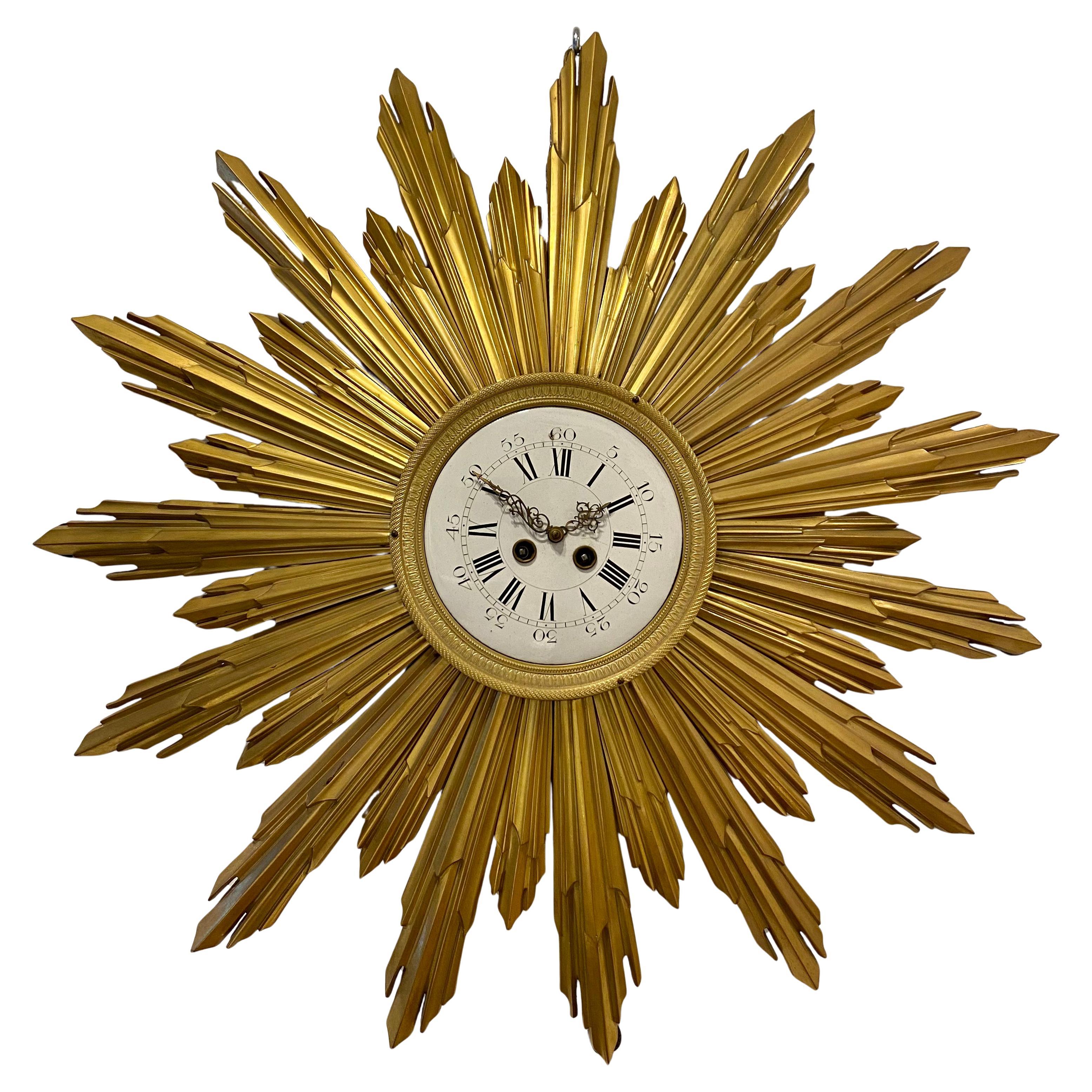 French Art Deco Ormolu "Bronze Dorée" Cartel Sunburst Wall Clock, Circa 1915