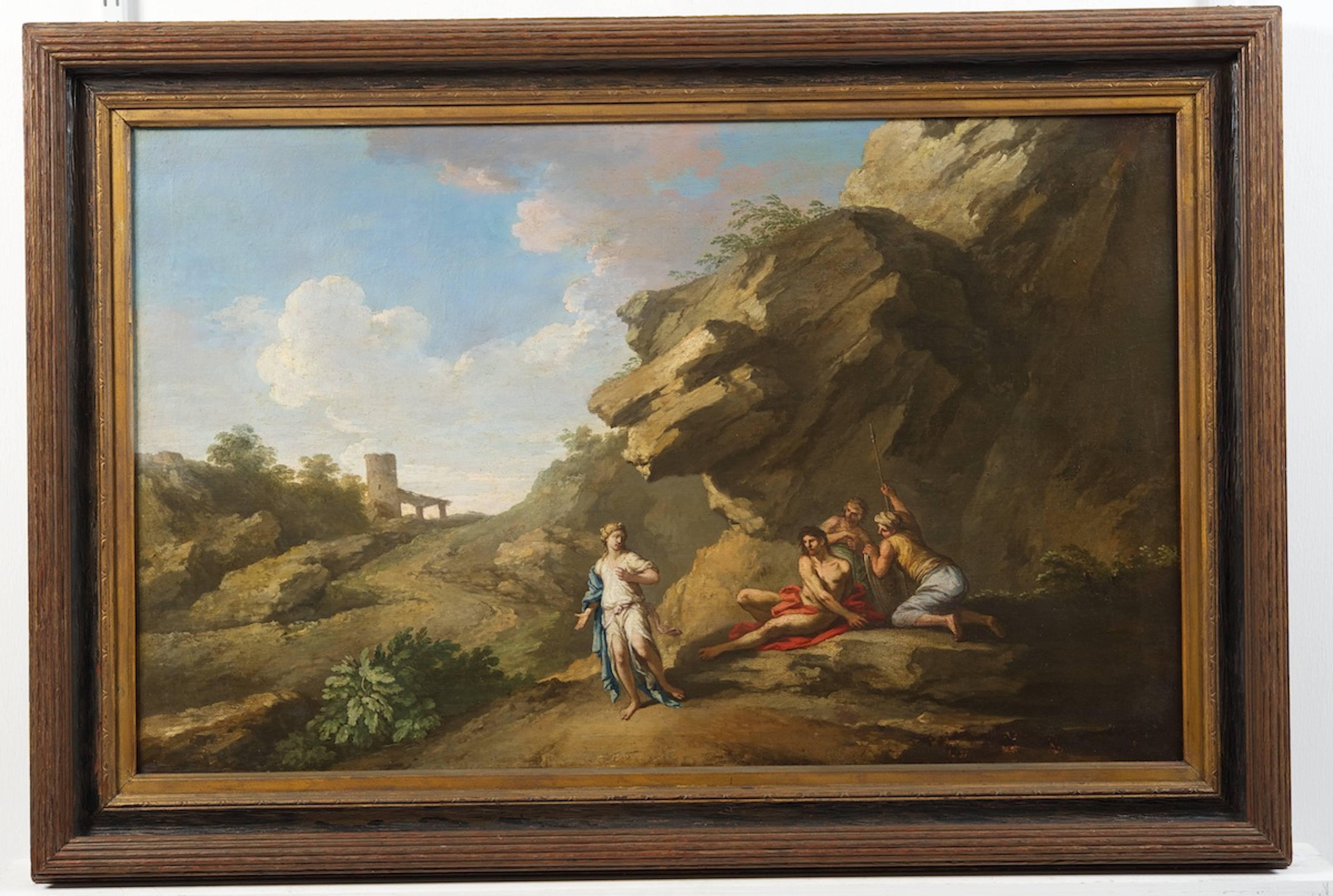 Römische Landschaft in Öl auf Leinwand mit Figuren von Andrea Locatelli (Rom 1693-1741)

Locatelli gehörte zu der Gruppe von Landschaftsmalern in Rom, die von den englischen 