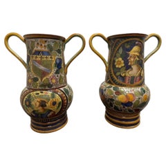 Italian Large Pair of Graffito/Sgraffito Majolica Vases, Circa 1910