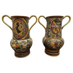 Italian Large Pair of Graffito/Sgraffito Majolica Vases, Circa 1910