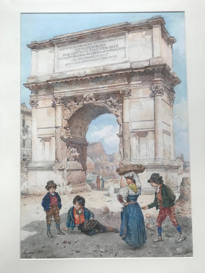 Pair of Roman views watercolors of the Spanish steps and the arch of Titus with children playing in the foreground.

Signed Ettore Ascenzi and dated, 1900

Framed measurements 31