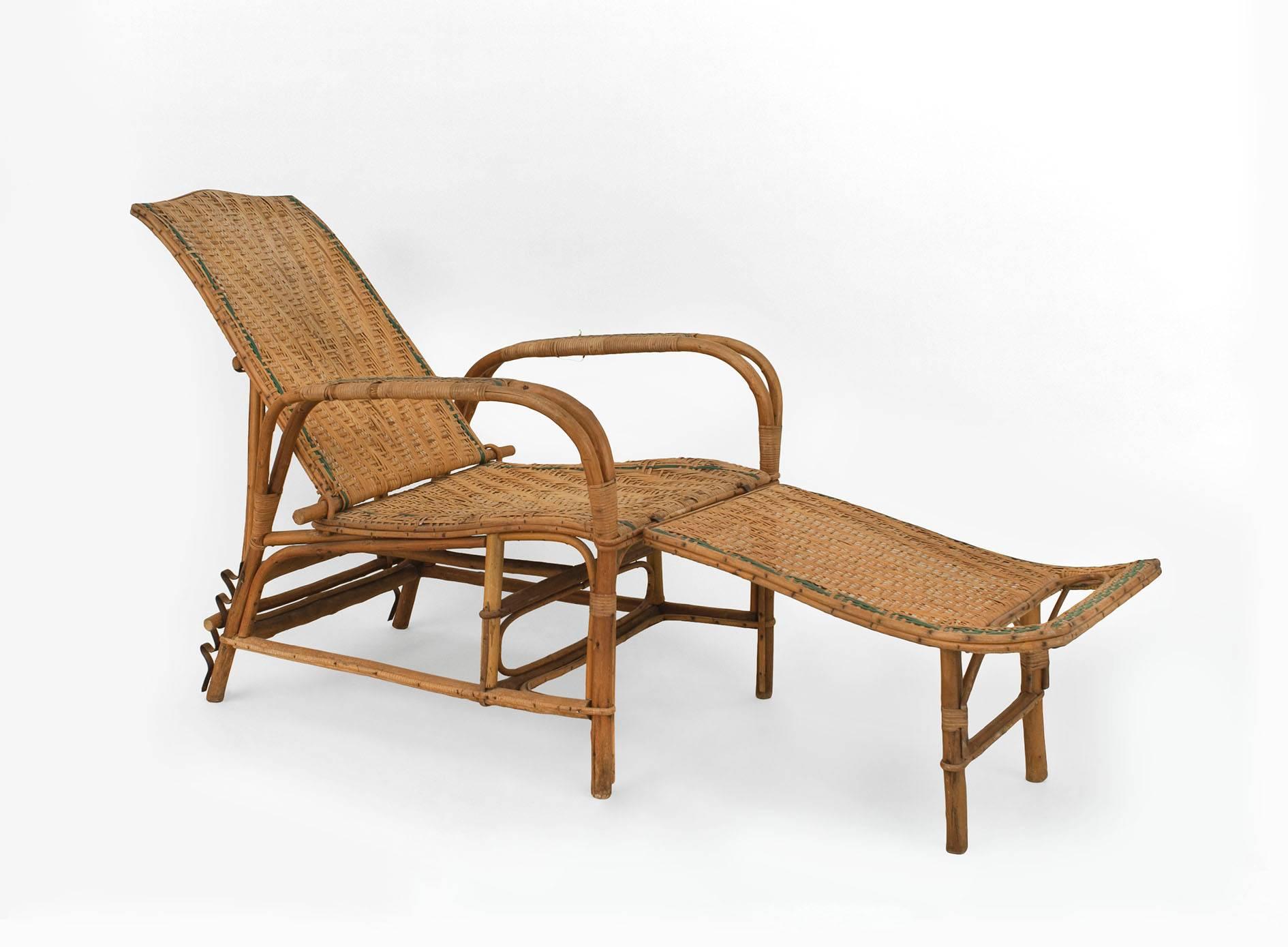 French Art Deco natural wicker and bentwood adjustable back chaise with separate footrest with light blue trim
