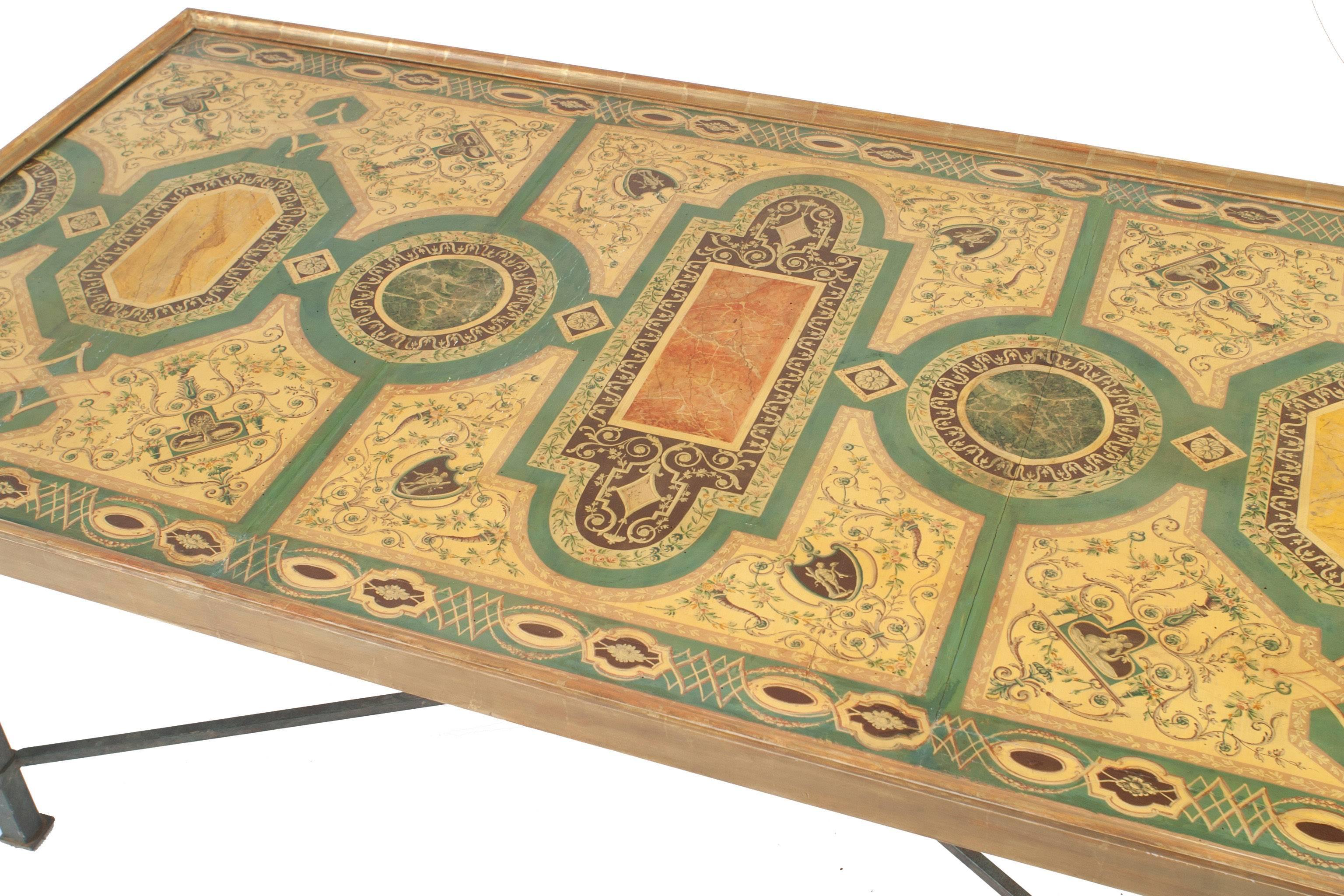 Italian Roman Neoclassic rectangular coffee table with a mid-18th century panel decorated in a Pompeiian style faux marble inlaid patterns within a gilt frame resting on an iron base (Two matching end tables available).