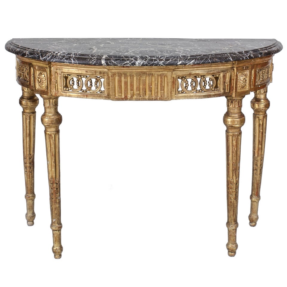 Table console italienne de style néo-classique avec plateau en marbre doré