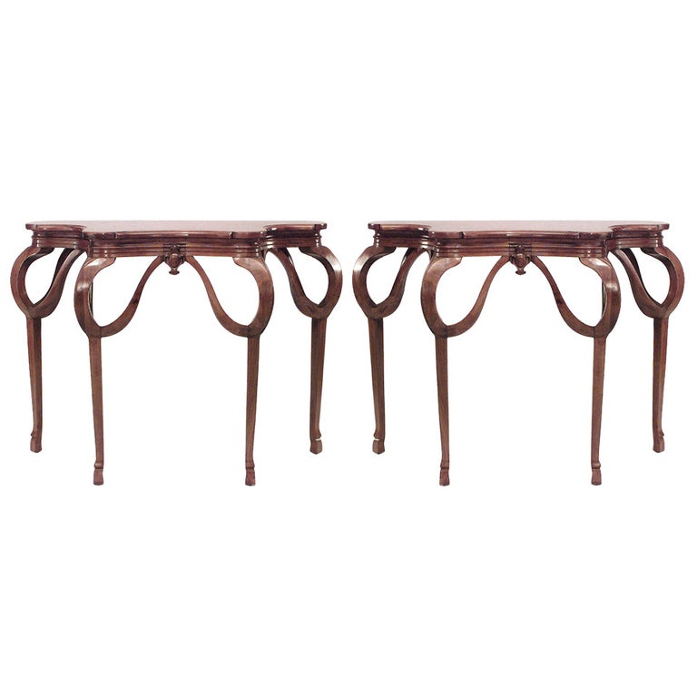 Pair of French Art Nouveau Walnut Console Tables For Sale