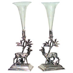 Antique Pair of English Victorian Silver Plate Deer Candlesticks