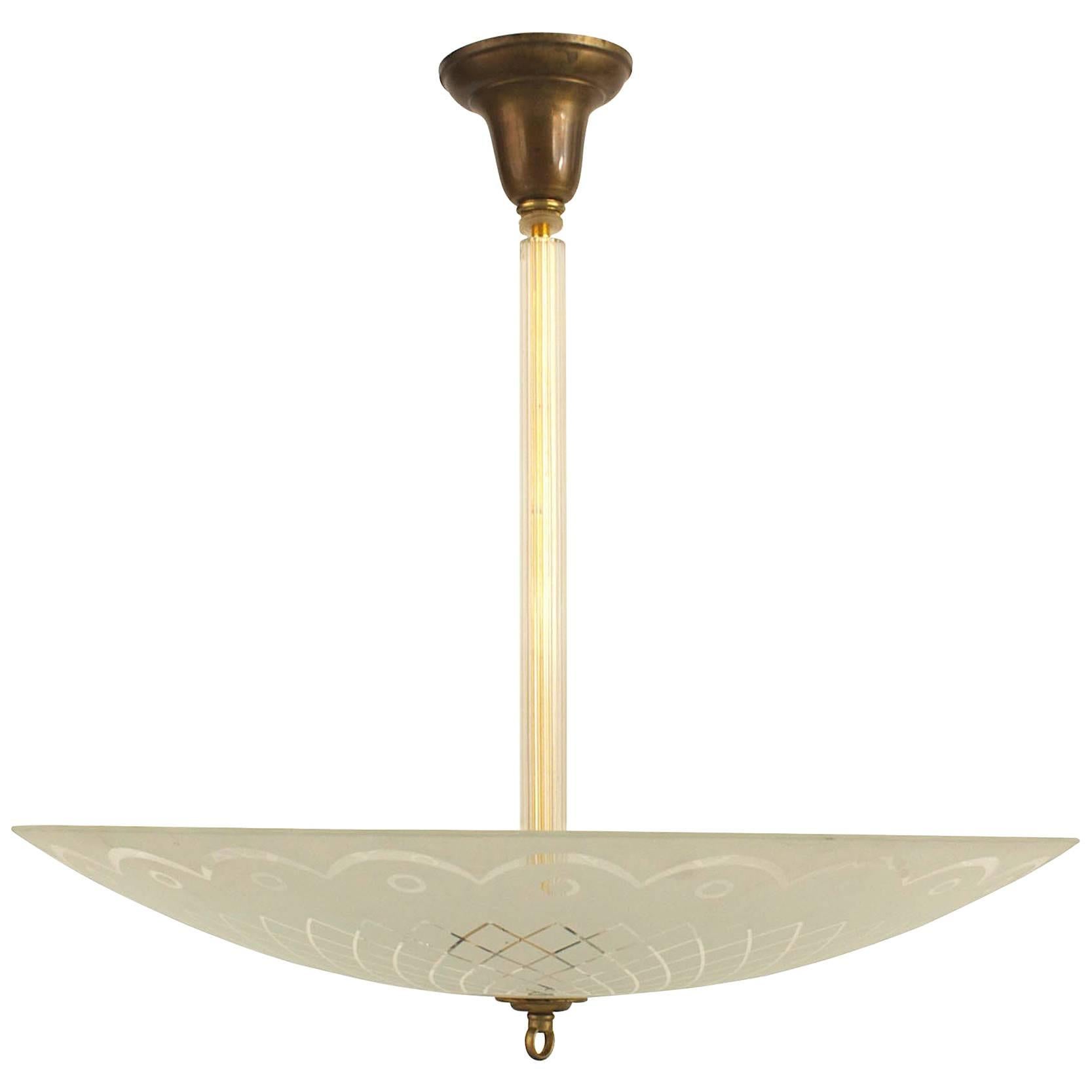 French Mid-Century Frosted Glass Bowl Chandelier For Sale