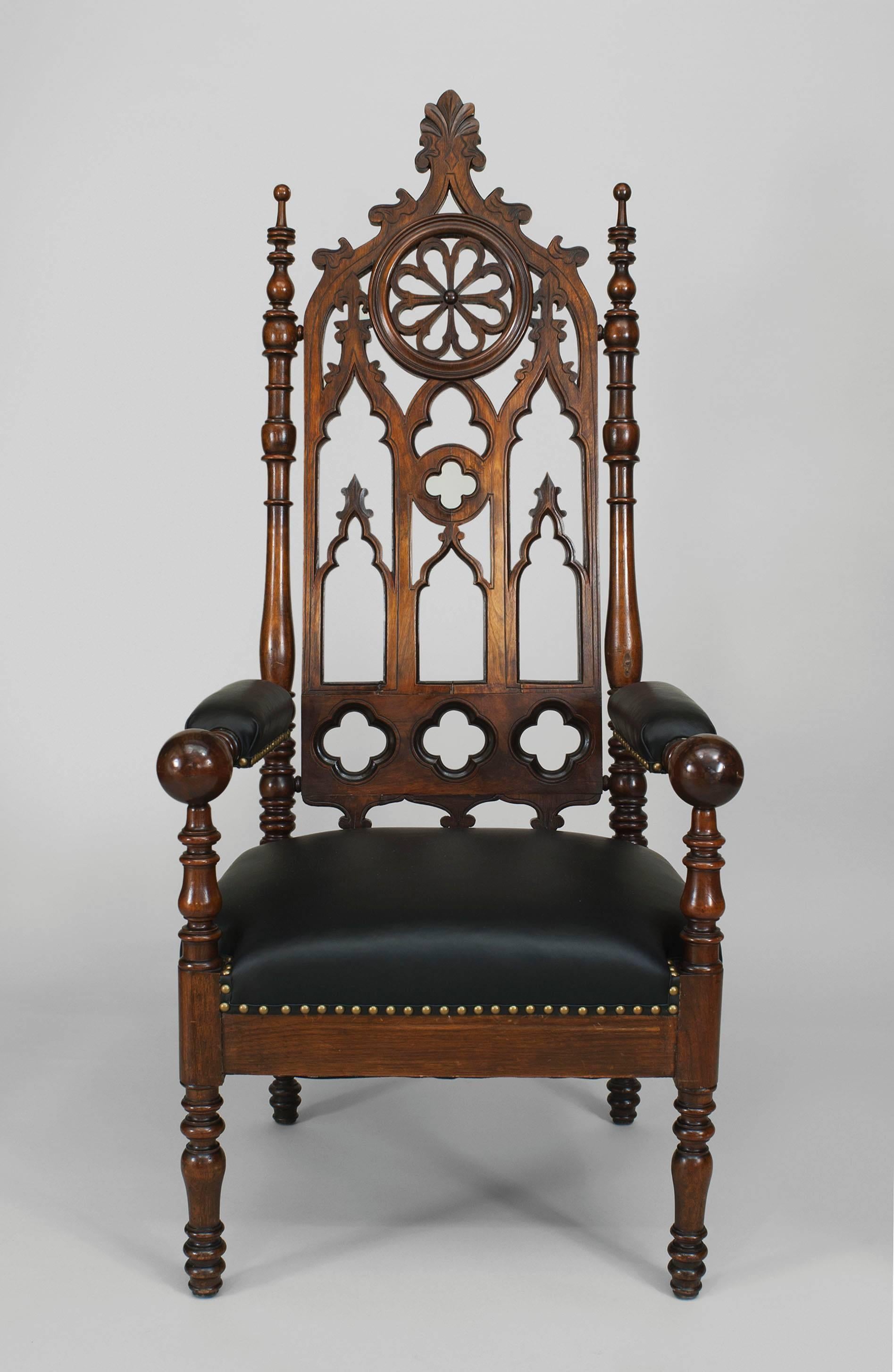 Pair of 19th c. English Gothic Revival Carved Mahogany Chairs In Good Condition In Queens, NY